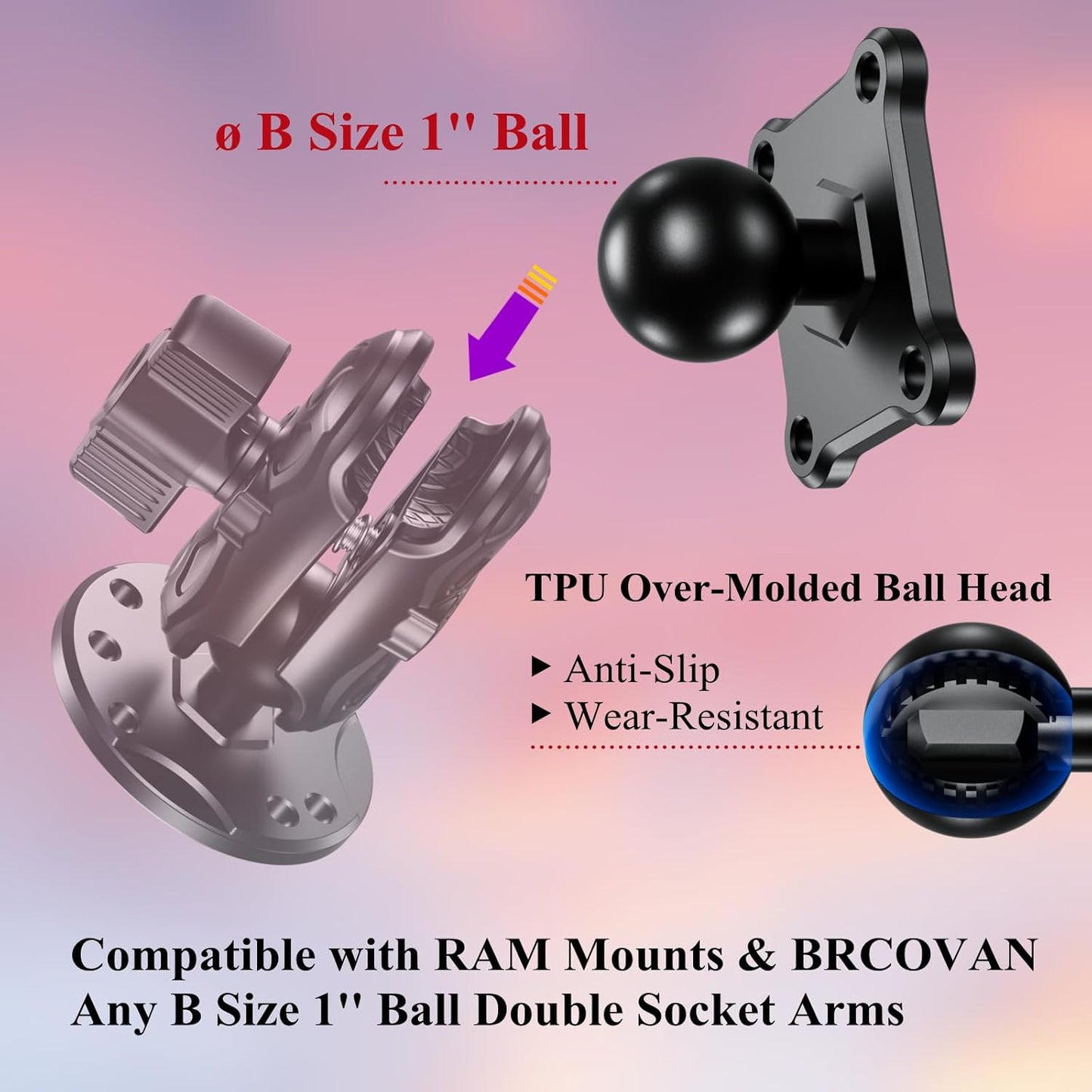 1'' Ball Mount Base with Aluminum Alloy 4-Hole AMPS Square Plate Compatible with RAM Mounts B Size 1 Inch Ball Double Socket Arm