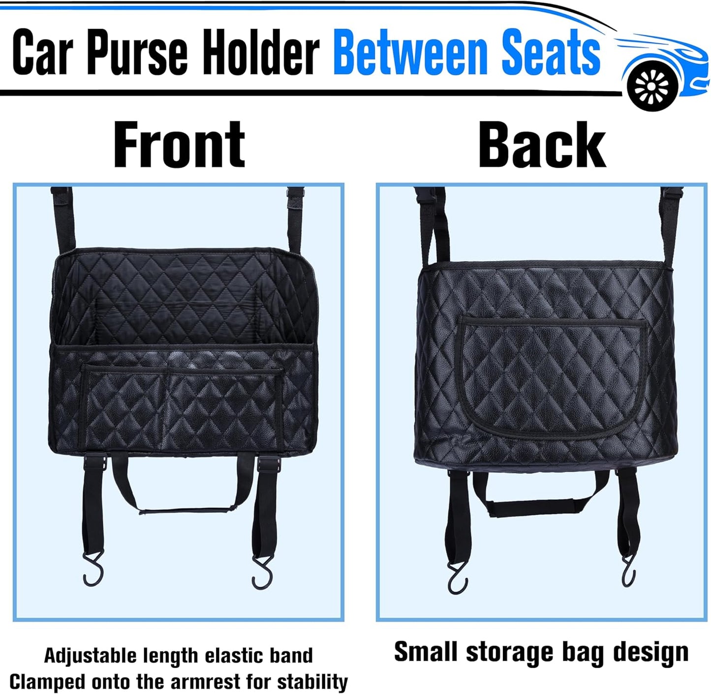 Car Purse Holder Between Seats, Leather Auto Front Seat Handbag Organizer Pocket, Large Capacity Car Net Pocket Handbag Holder, Backseat Barrier Storage Bag Fits for Car, Truck, SUV