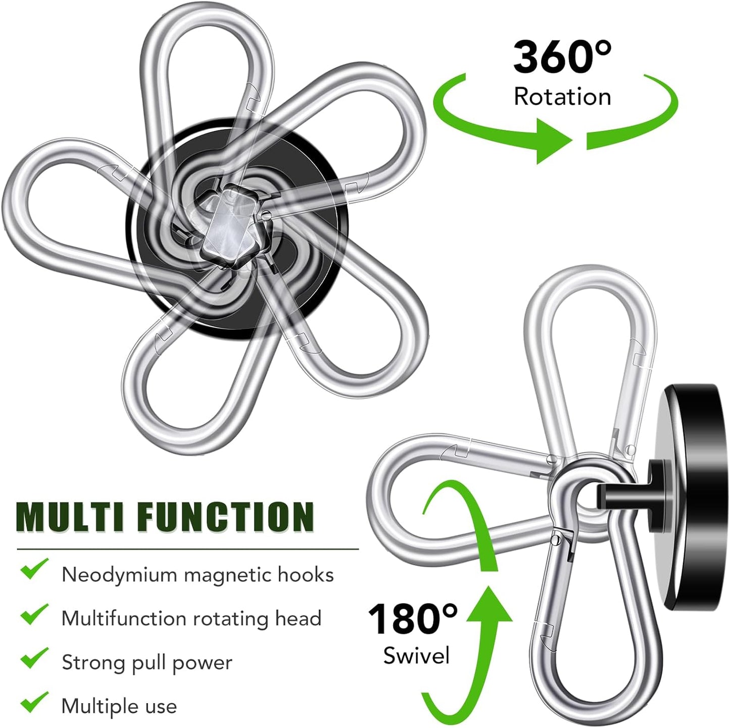 Carabiner Magnetic Hooks, 110LBS Strong Black Magnetic Hooks Heavy Duty with Swivel Carabiner Hook, Great for Hanging for Cruise, Garage, Kitchen, Refrigerator, Locker (12-Pack)