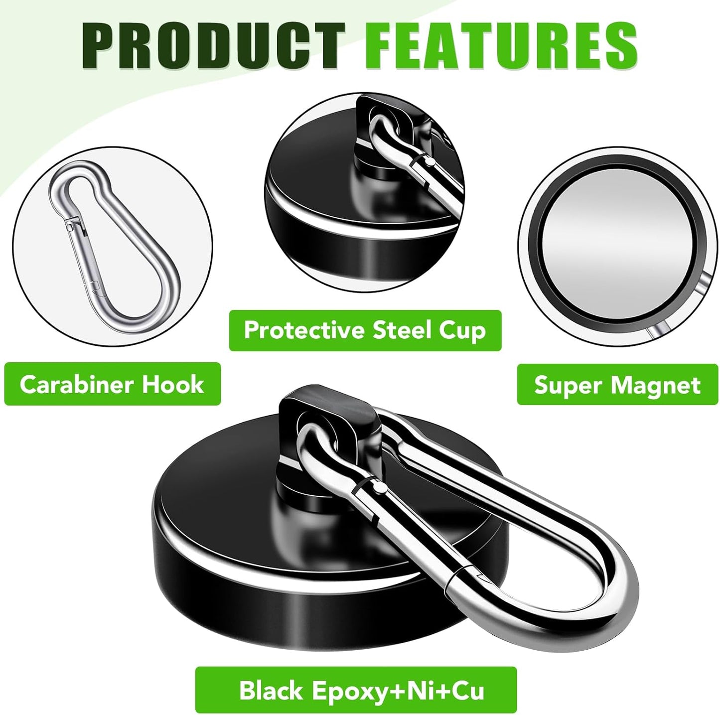 Carabiner Magnetic Hooks, 110LBS Strong Black Magnetic Hooks Heavy Duty with Swivel Carabiner Hook, Great for Hanging for Cruise, Garage, Kitchen, Refrigerator, Locker (12-Pack)