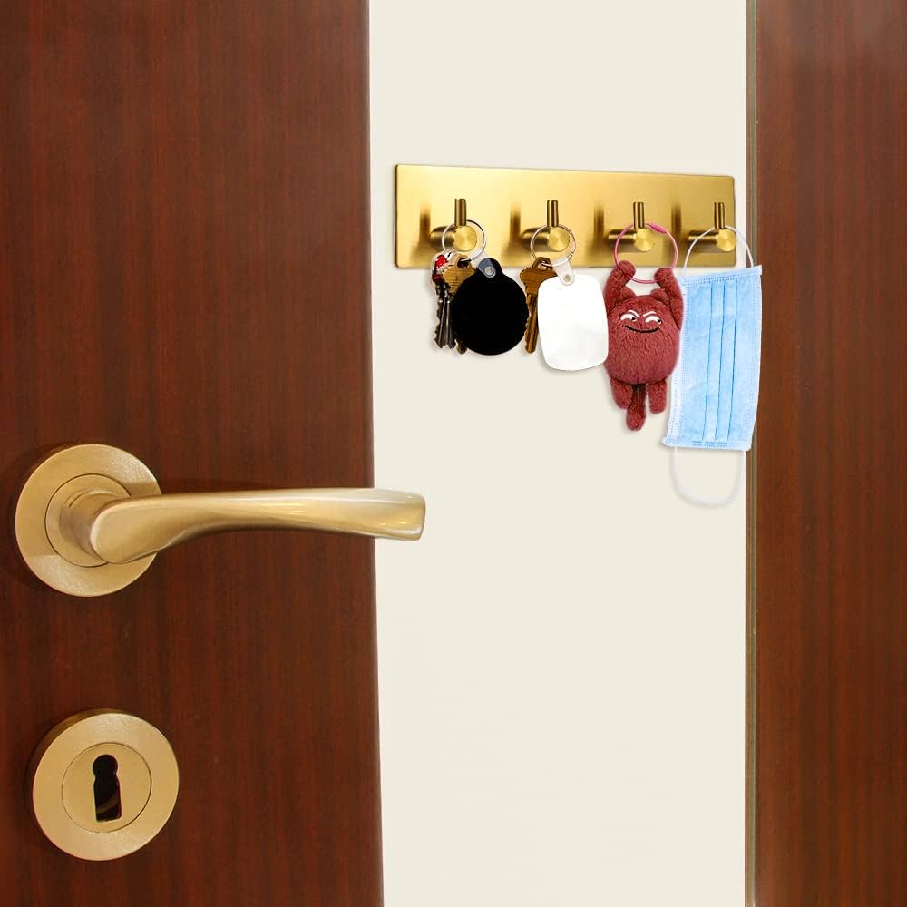 Key Holder for Christmas Wall Decorative, Adhesive Stainless Steel Key Hooks, Key Hanger Key Organizer Towel Hook Coat Hanger for Entryway Hallway Kitchen (Four Rows, Golden 1 PC)