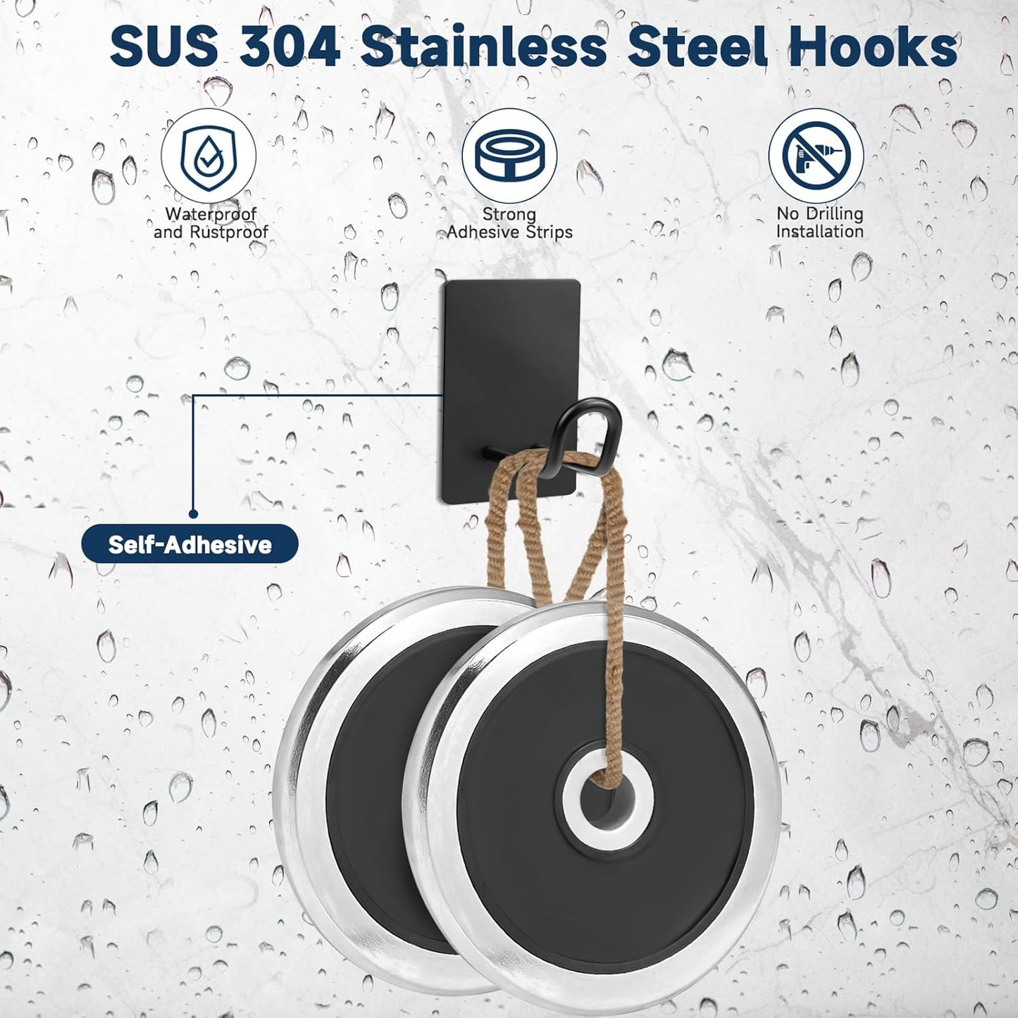 Self Adhesive Hooks Heavy Duty, Large Stainless Steel Towel Hooks, No Drill Sticky Hooks, Long Stick on Shower Wall Hooks for Hanging Hat Coat Key Headphone (Black(6Pcs))