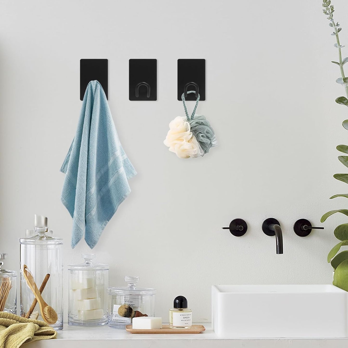 Self Adhesive Hooks Heavy Duty, Large Stainless Steel Towel Hooks, No Drill Sticky Hooks, Long Stick on Shower Wall Hooks for Hanging Hat Coat Key Headphone (Black(6Pcs))
