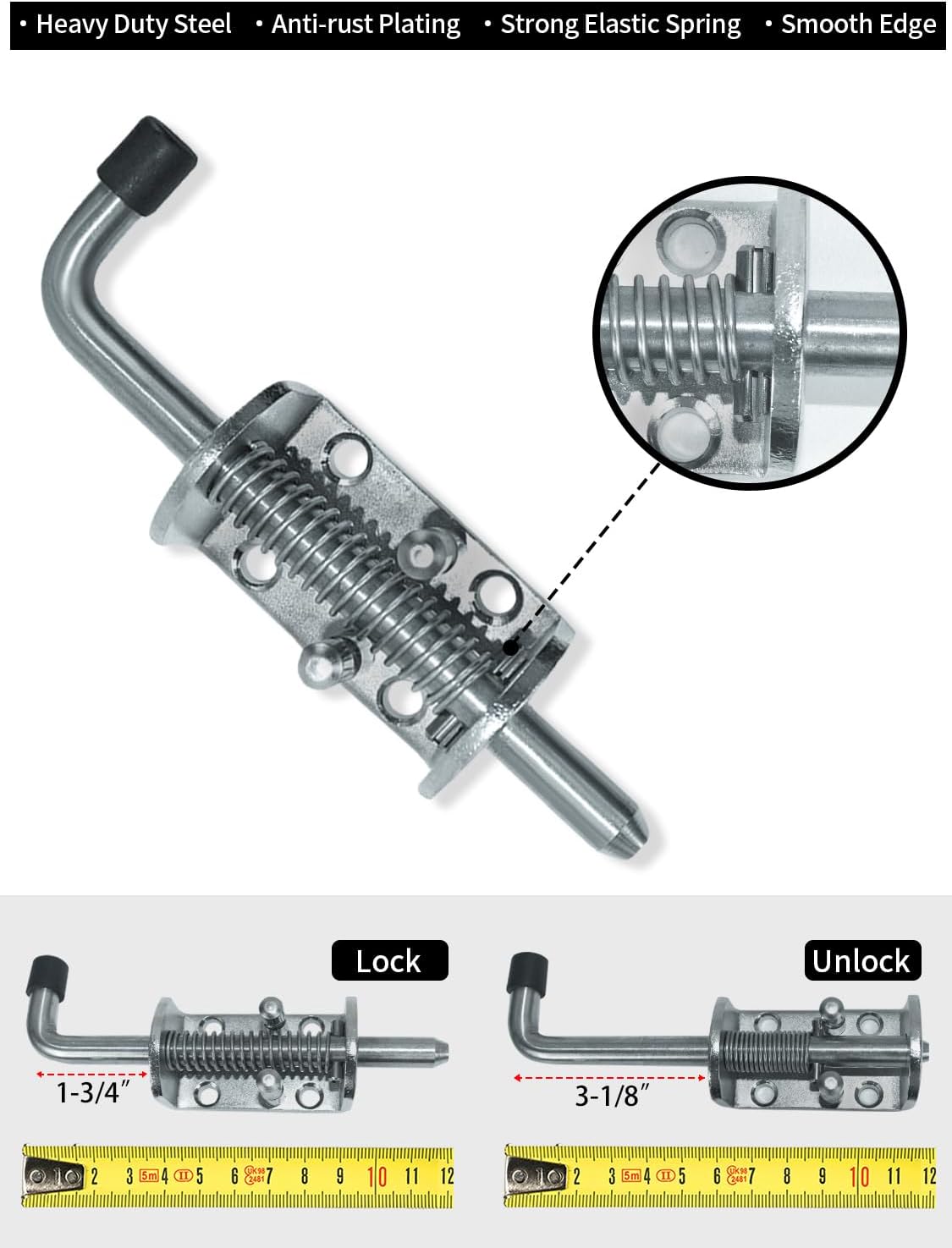 Spring Loaded Gate Latch Pin Barrel Bolt 6in x 1/2in Stem Durable Zinc Plated Solid Steel Heavy Duty for Tailgate - 2pcs