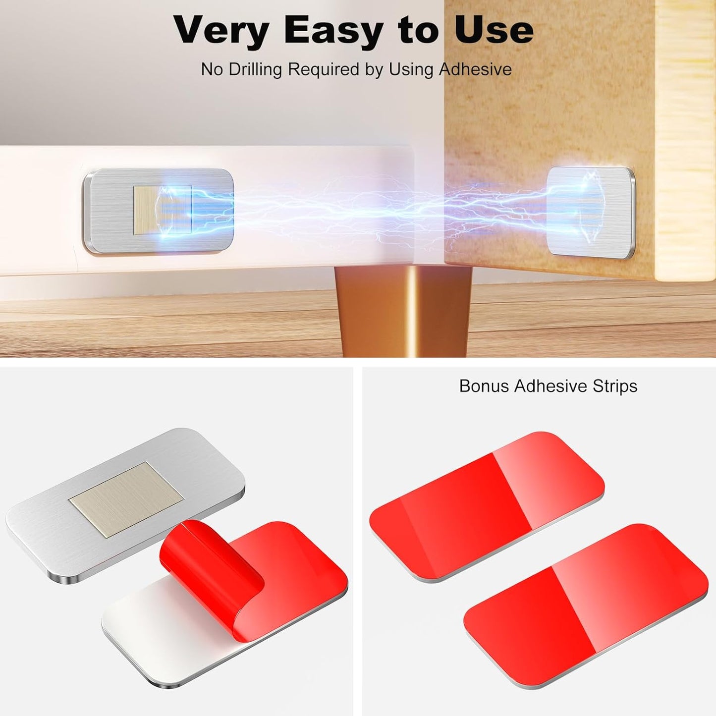 6-Pack No-Drill Invisible Magnetic Cabinet Catches, Stainless Steel with Strong Adhesive - for Kitchen, Bathroom & Closet Drawers