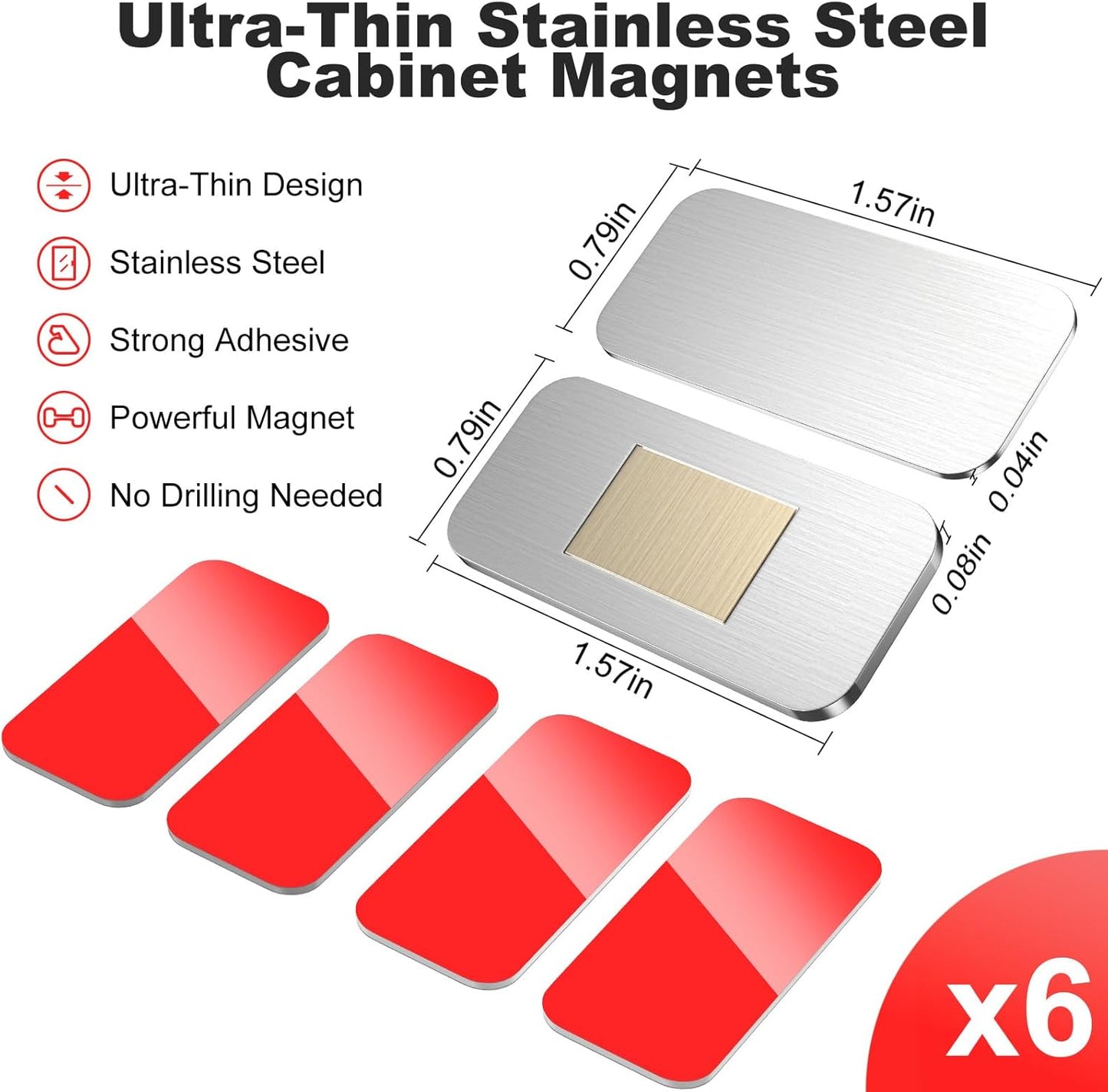 6-Pack No-Drill Invisible Magnetic Cabinet Catches, Stainless Steel with Strong Adhesive - for Kitchen, Bathroom & Closet Drawers