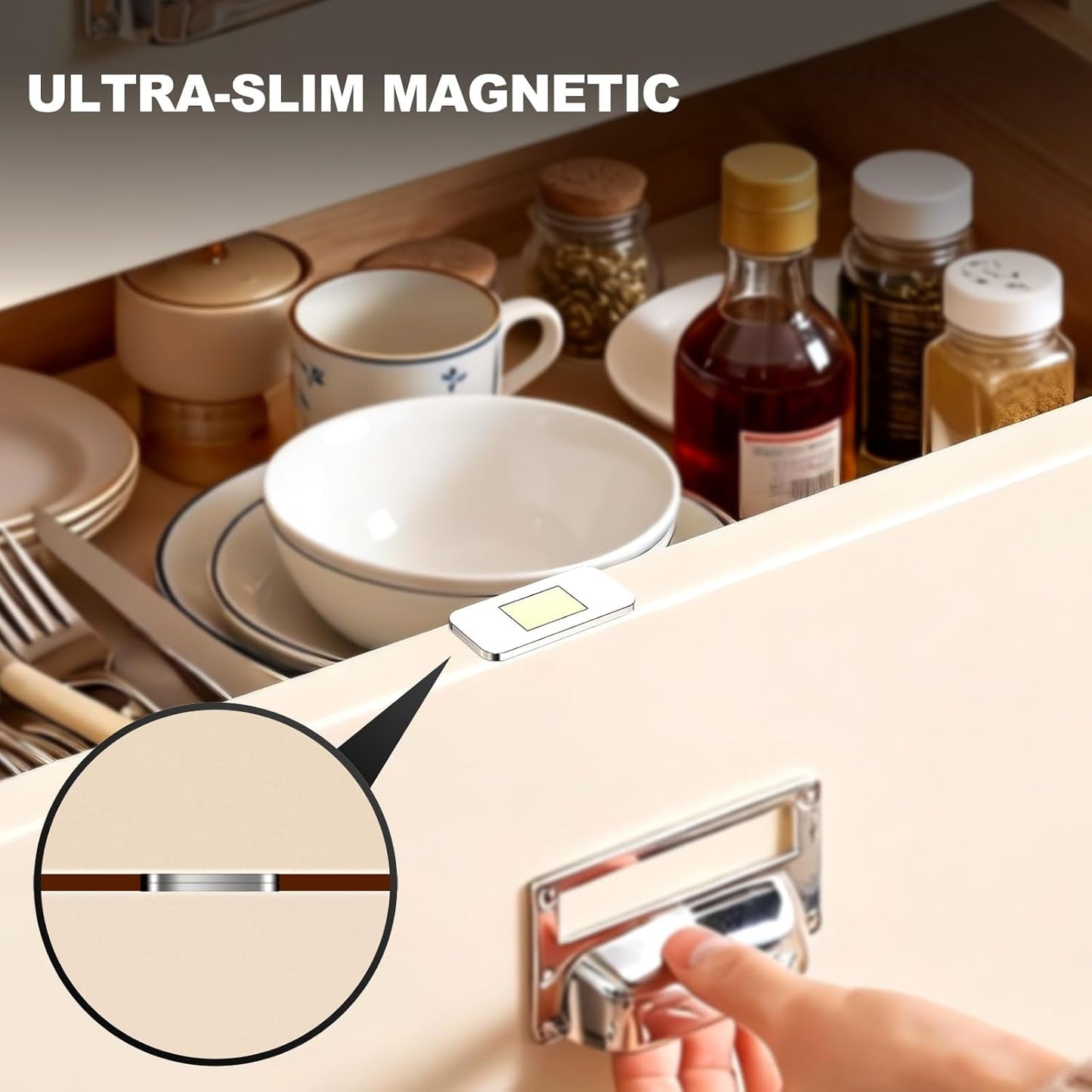 6-Pack No-Drill Invisible Magnetic Cabinet Catches, Stainless Steel with Strong Adhesive - for Kitchen, Bathroom & Closet Drawers