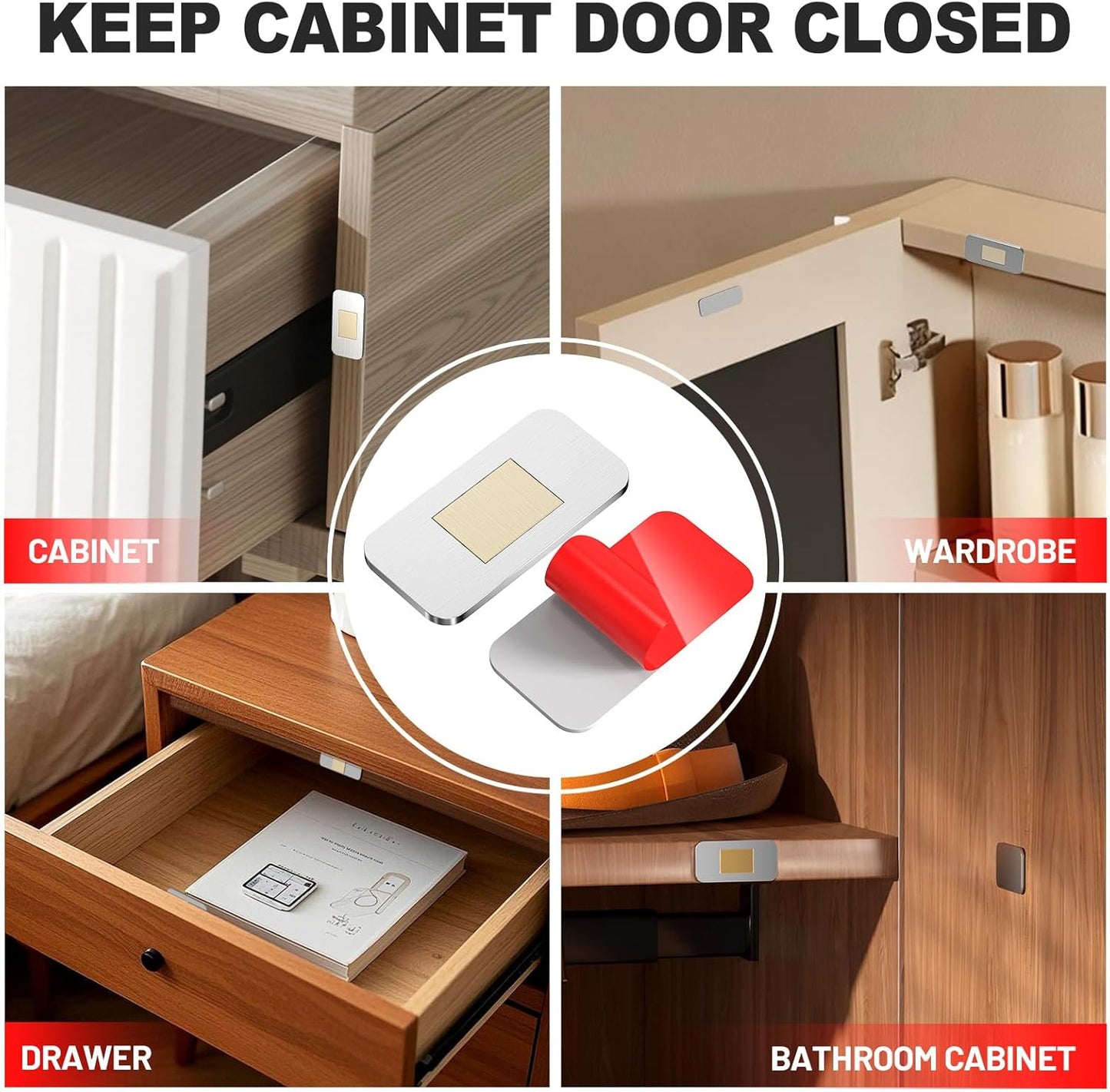 6-Pack No-Drill Invisible Magnetic Cabinet Catches, Stainless Steel with Strong Adhesive - for Kitchen, Bathroom & Closet Drawers