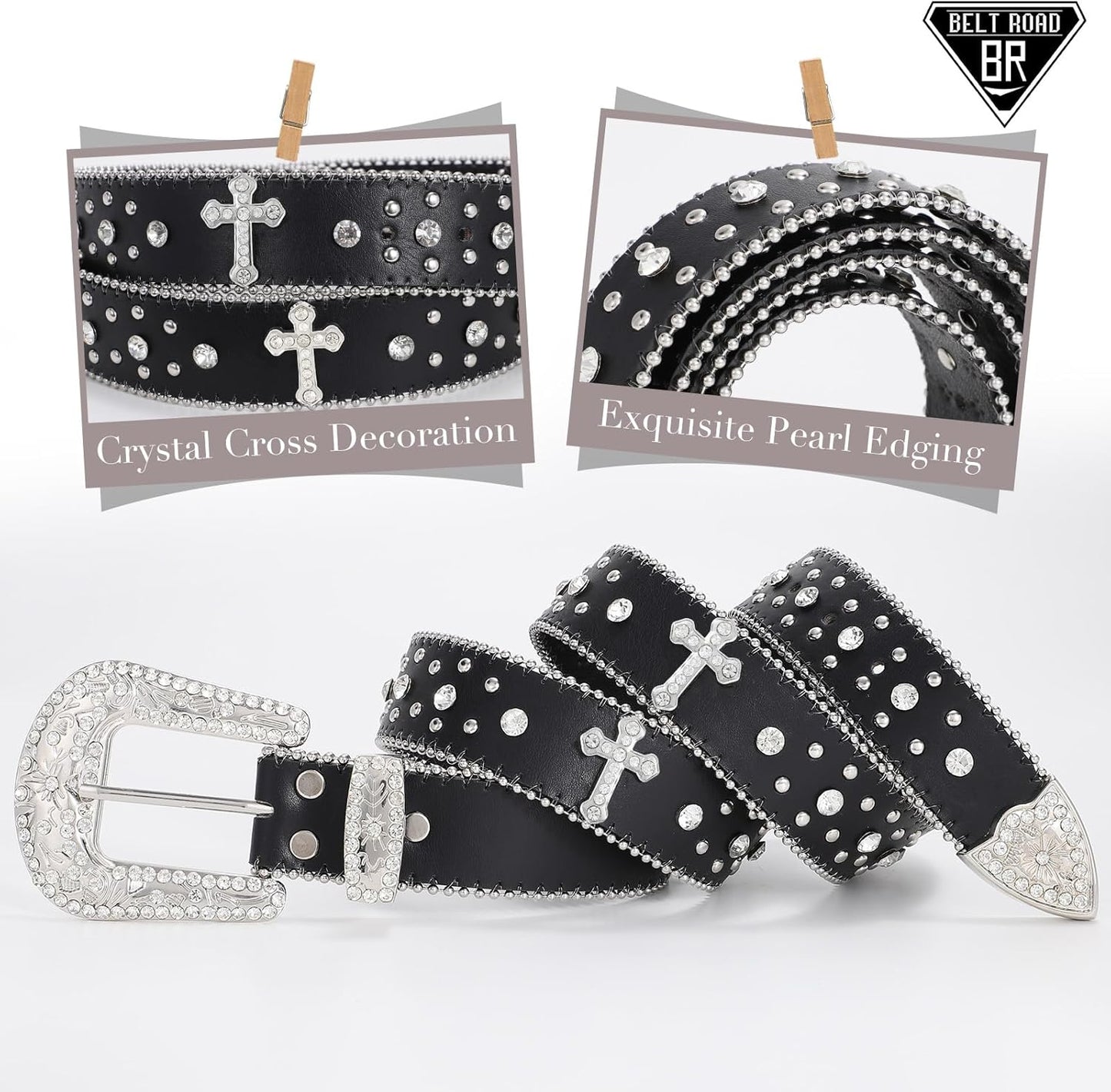 Rhinestone Belt for Men Women, Western Cowboy Cowgirl Belts Bling Leather Belt With Cross and Diamond for Jeans