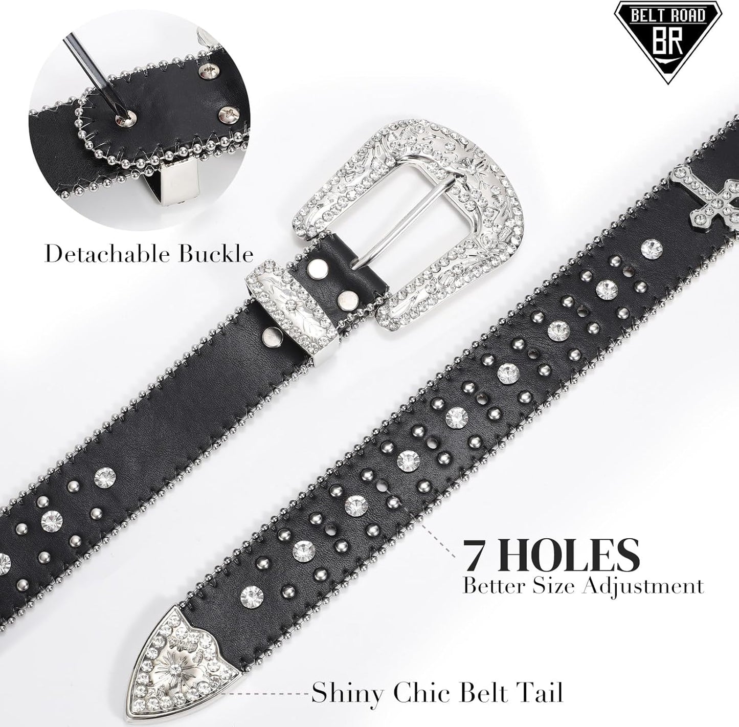 Rhinestone Belt for Men Women, Western Cowboy Cowgirl Belts Bling Leather Belt With Cross and Diamond for Jeans