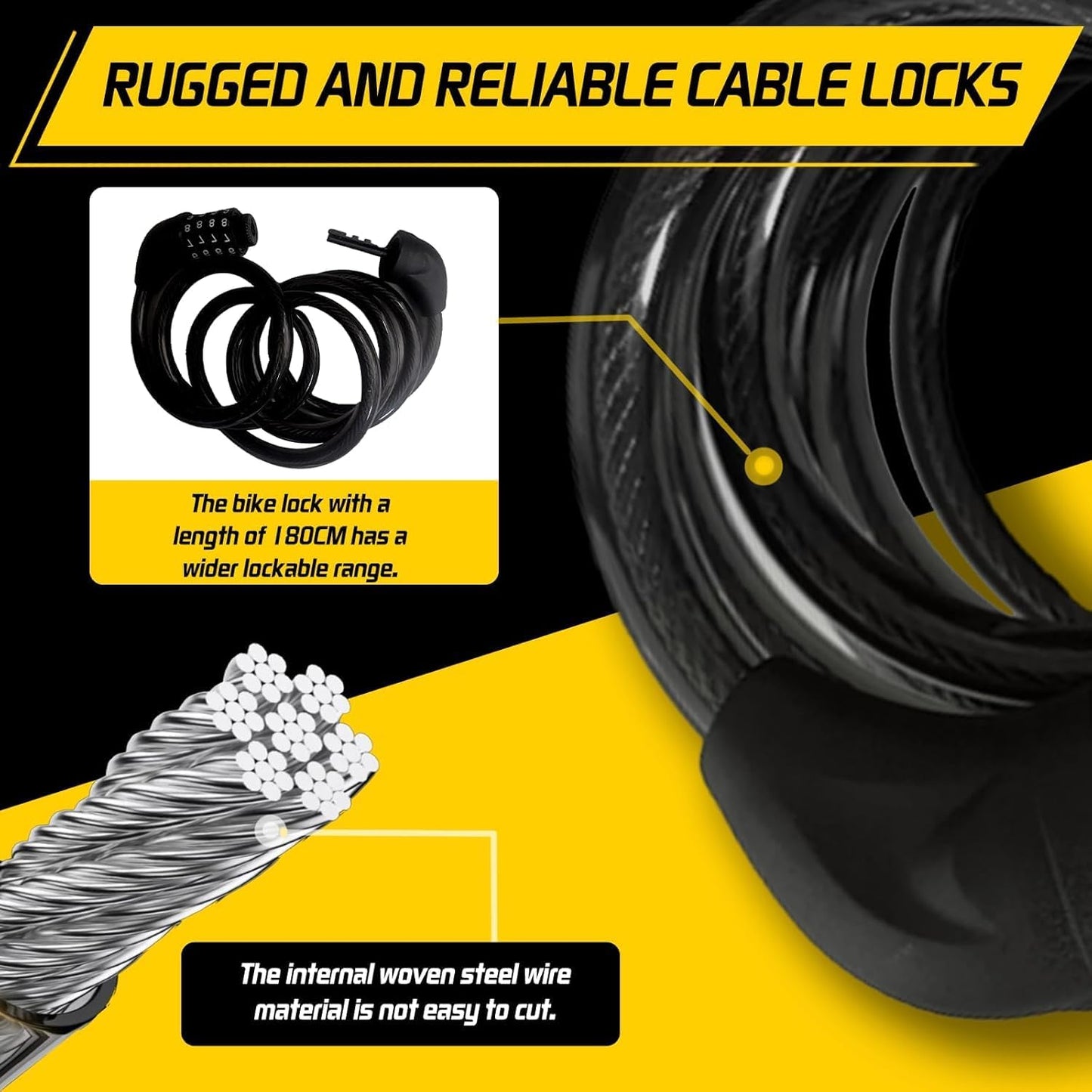 Bike Cable Lock 6FT Long, 4 Digit Resettable Combination Lock, Heavy Duty Steel Cable with Waterproof Vinyl Coating Anti Theft Security Lock for Road Bike E-Bike Scooter Fence Gate Toolbox