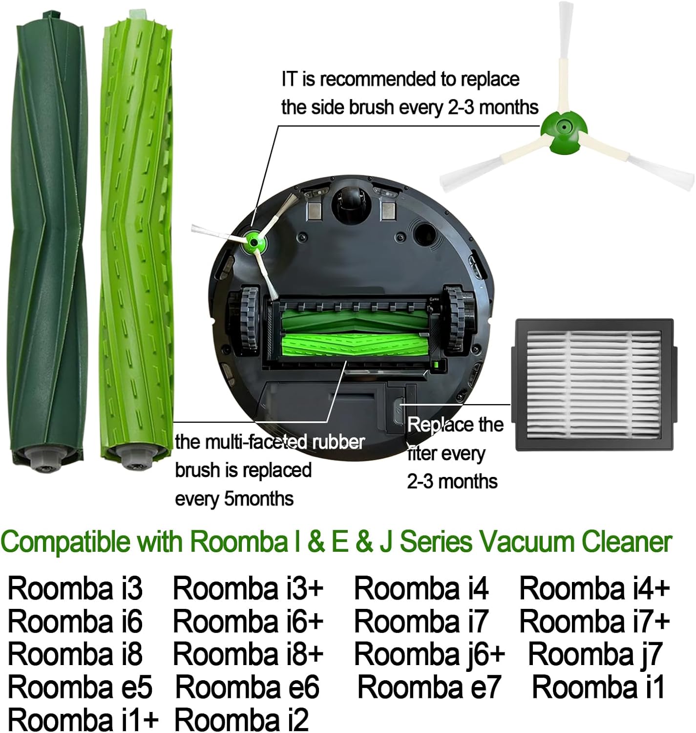Replacement Parts for Roomba iRobot i7 i7+ i3 i3+ i4 i4+ i5 i5+ i6 i6+ i8 i8+ E5 E6 E7 I,E &j7 j6 j5 and Plus Version,(1 Set Rubber Brush,4 Side Brush)