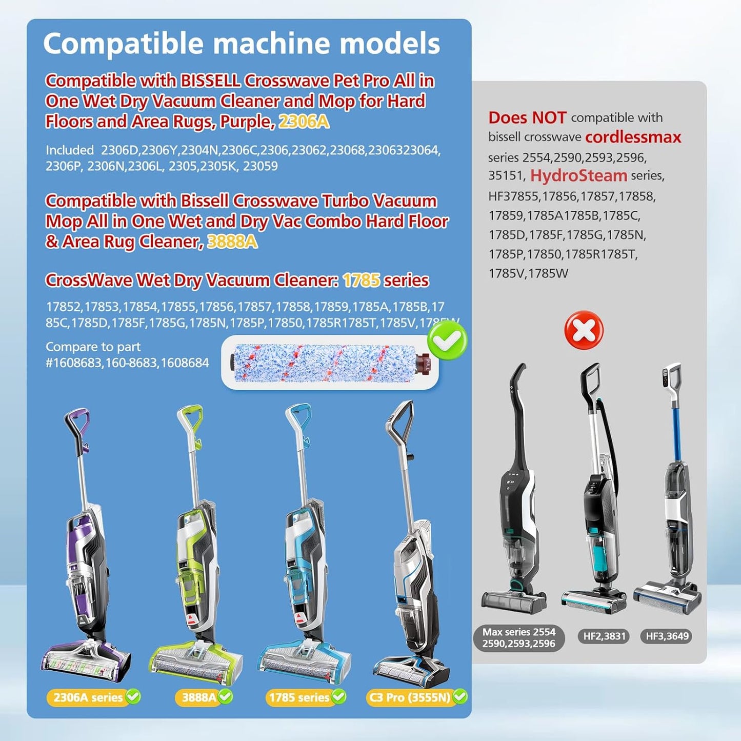 Replacements Compatible with Bissell CrossWave, 3 Multi-Surface Brush Roll 1868 + 3 Vacuum Filter 1866 Vacuum Filter, Compare to Part 1608683, 160-8683, 1608684