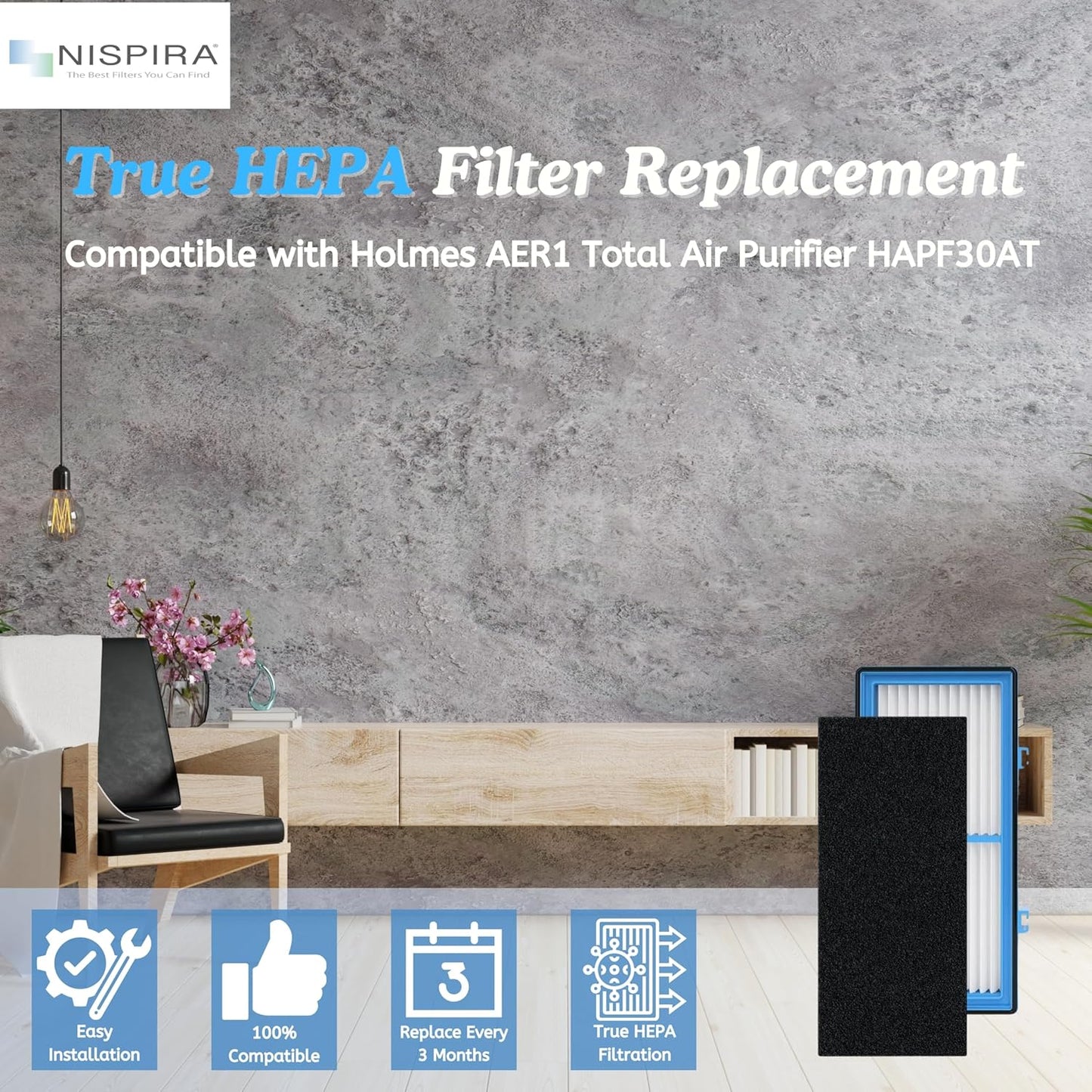AER1 Filter Replacement for Holmes Air Purifier HAPF30AT HAP242-NUC, Odors Dust VOCs Remover, Total Air 2 True HEPA 4 Carbon Booster, 1.2 x 10 x 4.6 Inches