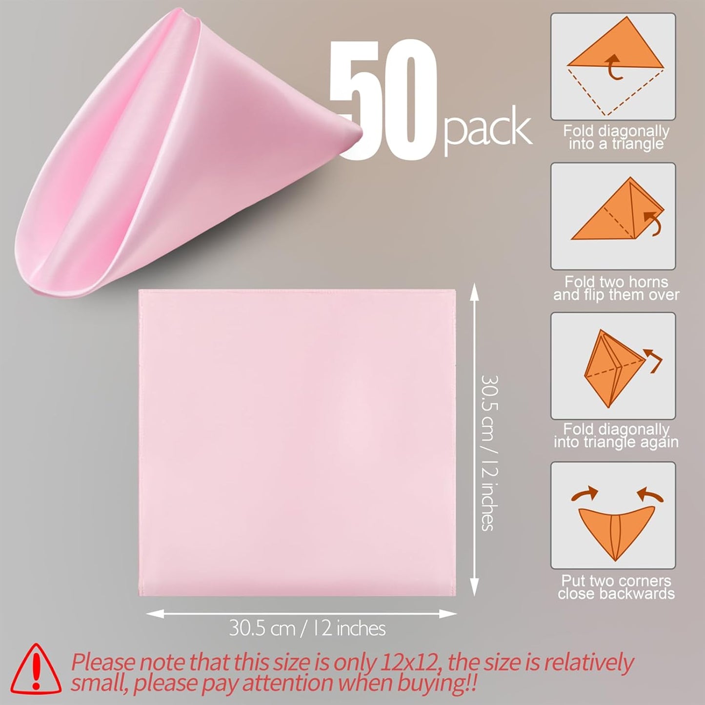 50 Pieces Light Pink Satin Napkins - 12x12 Inches Cloth Napkins, Square Satin Fabric Napkin Set - Soft & Reusable Table Napkins for Wedding Dinner Party Lunch Banquet Restaurant Decoration
