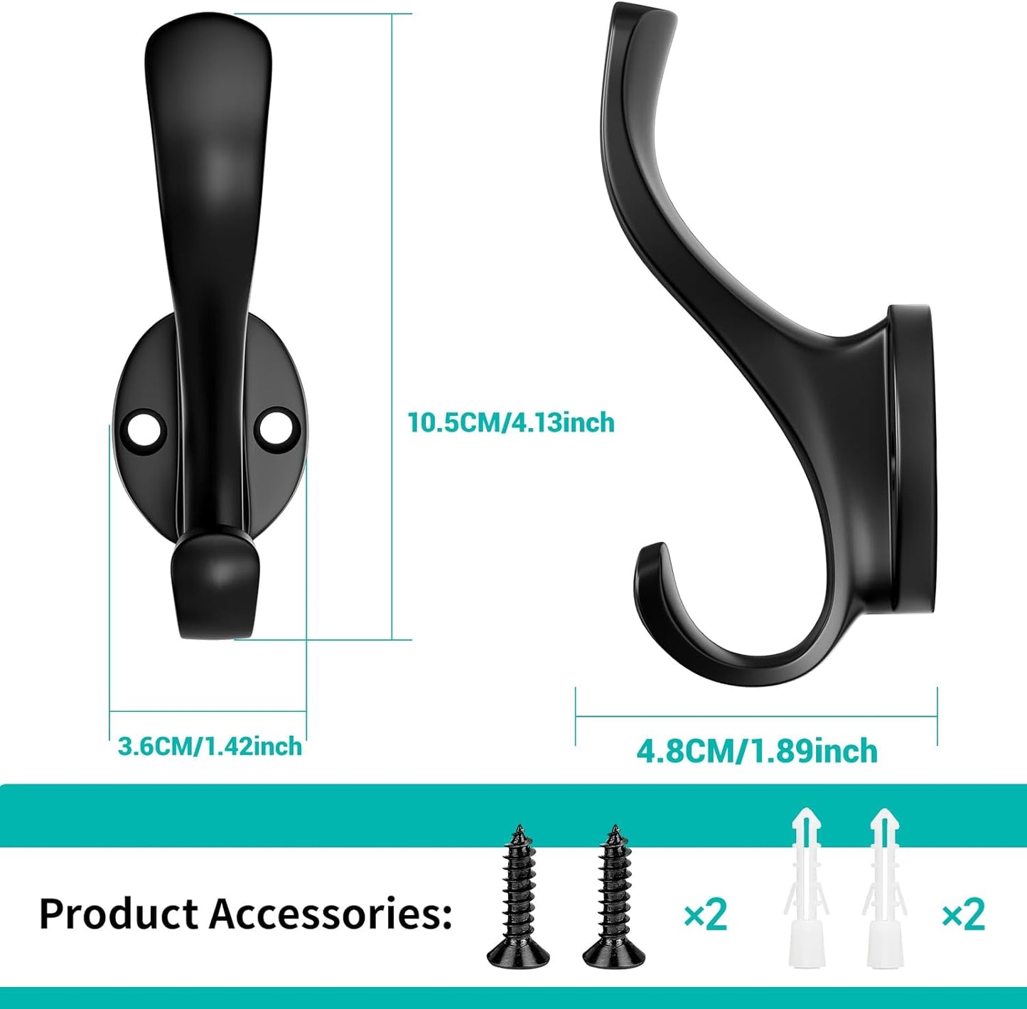 Coat Hooks Heavy Duty - Wall Mount Metal Towel Hooks Screw-in Wall Hooks for Hanging Hat, Towel, Key, Robe, Scarf, Bag, Cap (6 PCS Black)
