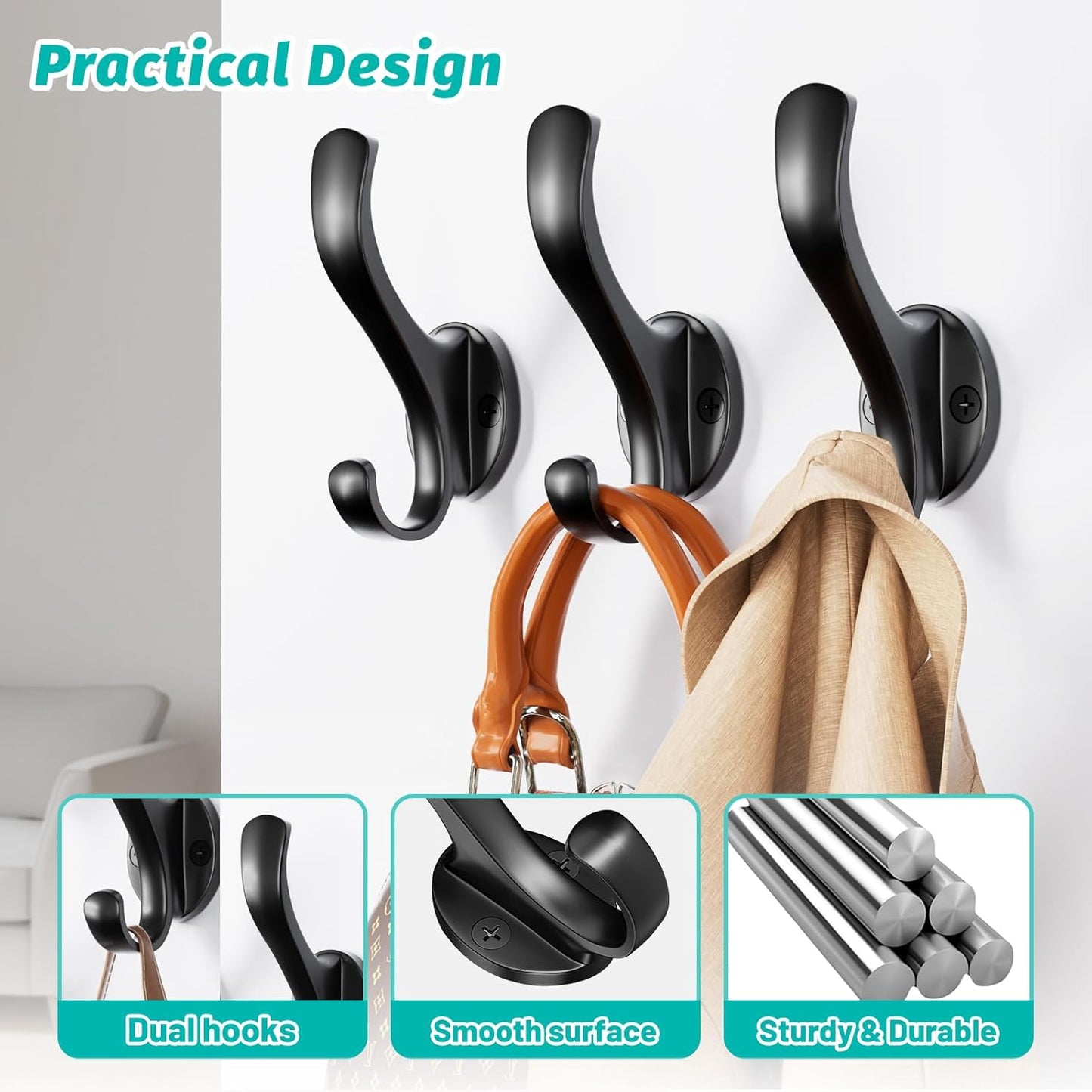 Coat Hooks Heavy Duty - Wall Mount Metal Towel Hooks Screw-in Wall Hooks for Hanging Hat, Towel, Key, Robe, Scarf, Bag, Cap (6 PCS Black)