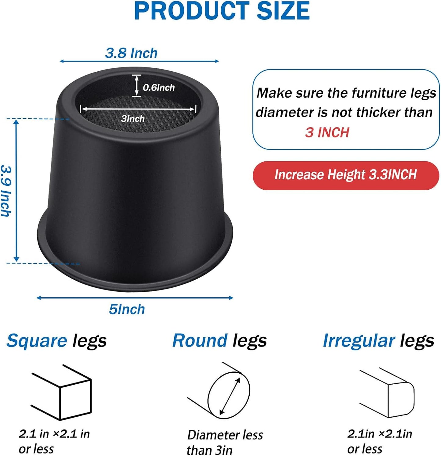 Bed Risers 4 Inch Heavy Duty, Round Furniture Risers for Bed Desk Table Sofa Couch，Bed Lifts Risers, Support up to 3300 Lbs(4 Pack Black)