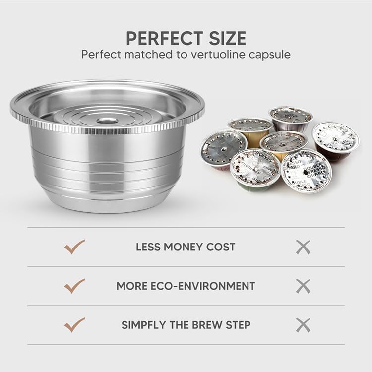 Reusable Coffee Capsule, Stainless Steel Refillable Coffee Pod Brewing Espresso 230ML/8OZ，V-ertuoline Metal Pod Coffee Pod Compatible for Ne-spreso Ver-tuoline GCA1 De-longhi ENV135S