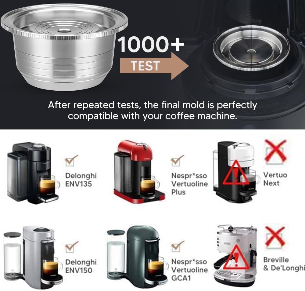 Reusable Coffee Capsule, Stainless Steel Refillable Coffee Pod Brewing Espresso 230ML/8OZ，V-ertuoline Metal Pod Coffee Pod Compatible for Ne-spreso Ver-tuoline GCA1 De-longhi ENV135S