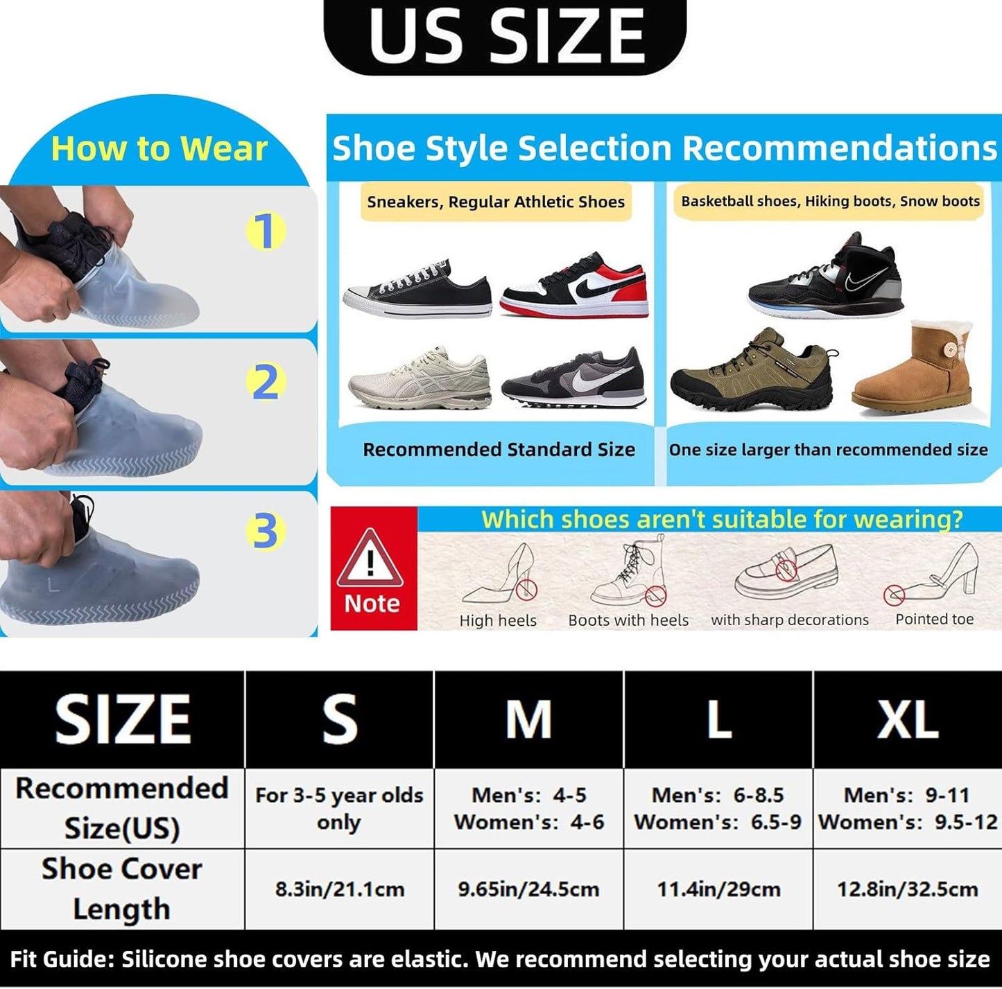 Waterproof Shoe Covers 2 Pairs,Rain Shoe Covers Reusable Silicone Non Slip Shoe Covers for Outdoor,Rain Shoe Covers for Women and Men (Clear, Large)