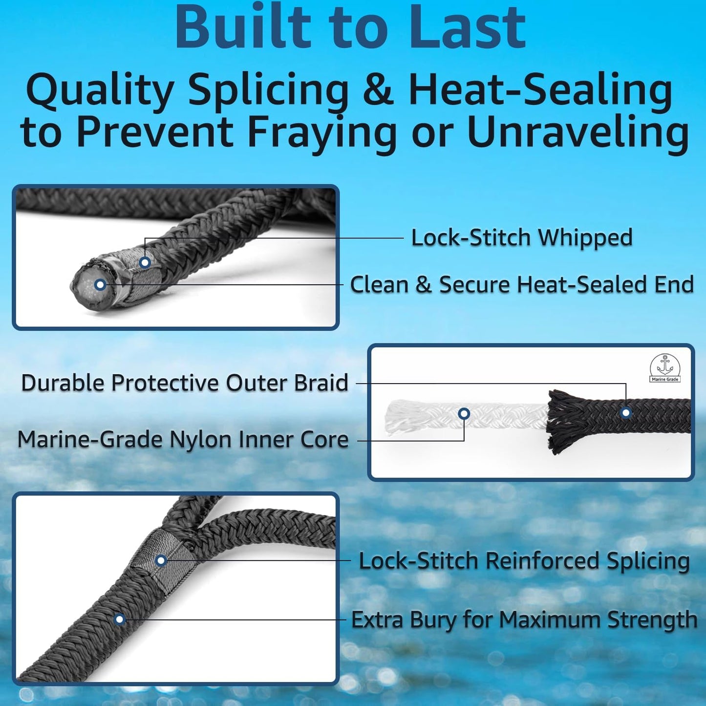 Boat Dock Lines 1/2" x 15' - Double Braided Nylon Boat Ropes for Docking with 12" Loop, Marine-Grade High Strength Boat Lines Dock Rope, Premium Marine Rope Mooring Lines, Easy Handling - 4 Pack,Black