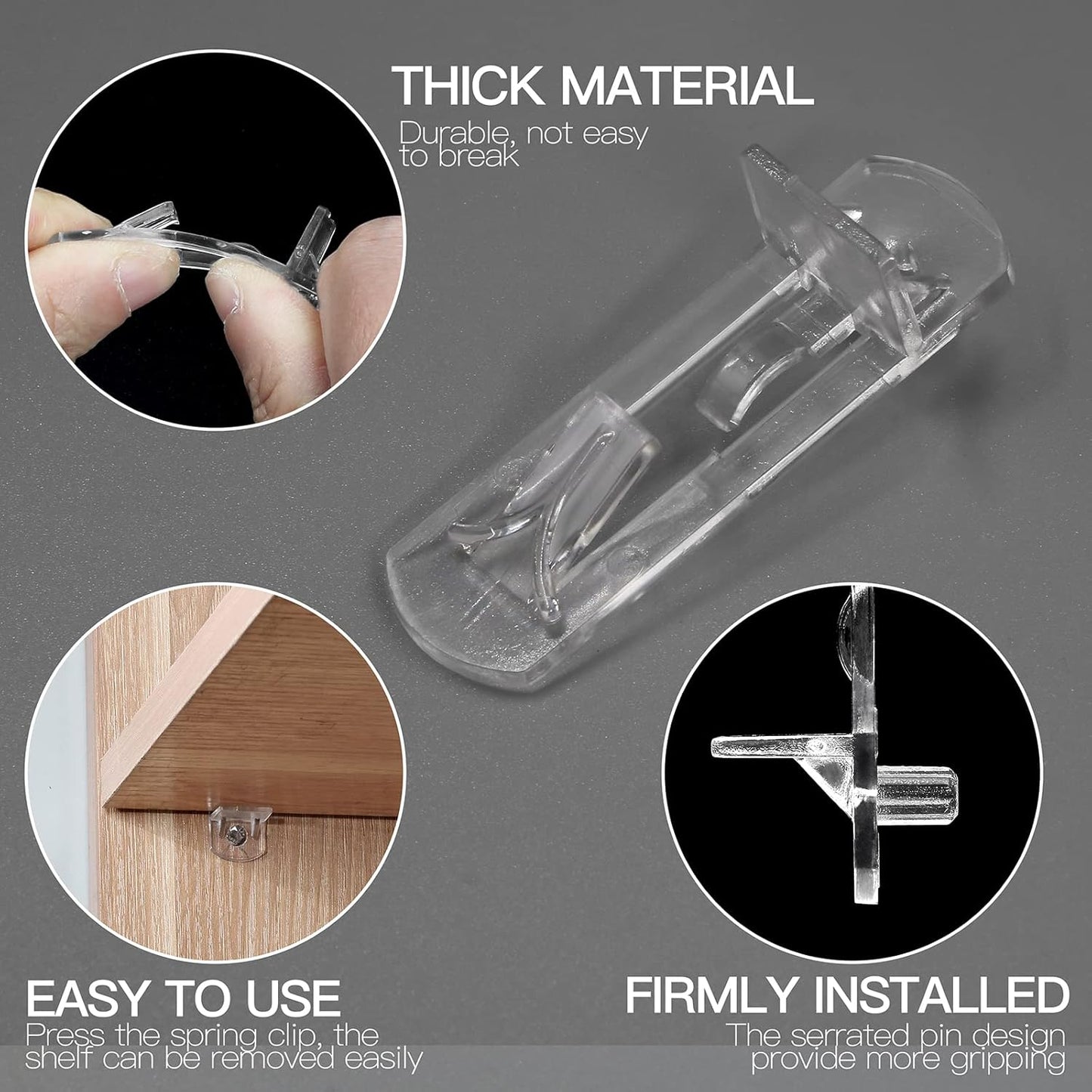 10pcs Locking Shelf Pins – 5mm Cabinet Shelf Pegs, Clear Plastic Shelf Clips for 3/4" Thick Board