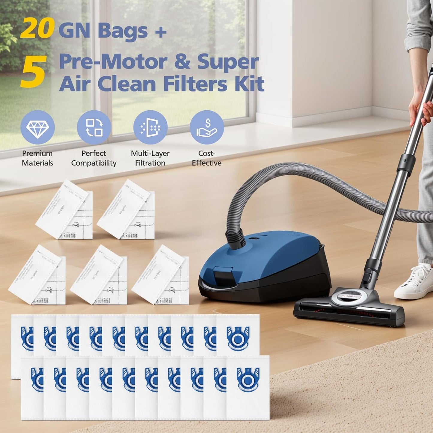20 Pack 3D Airclean Bags Replacement for Miele GN Vacuum Cleaner Bags for Miele Classic C1 Complete C1 Complete C2 Complete C3 S227 S240 S270 S400 S2 S5 S8 Series