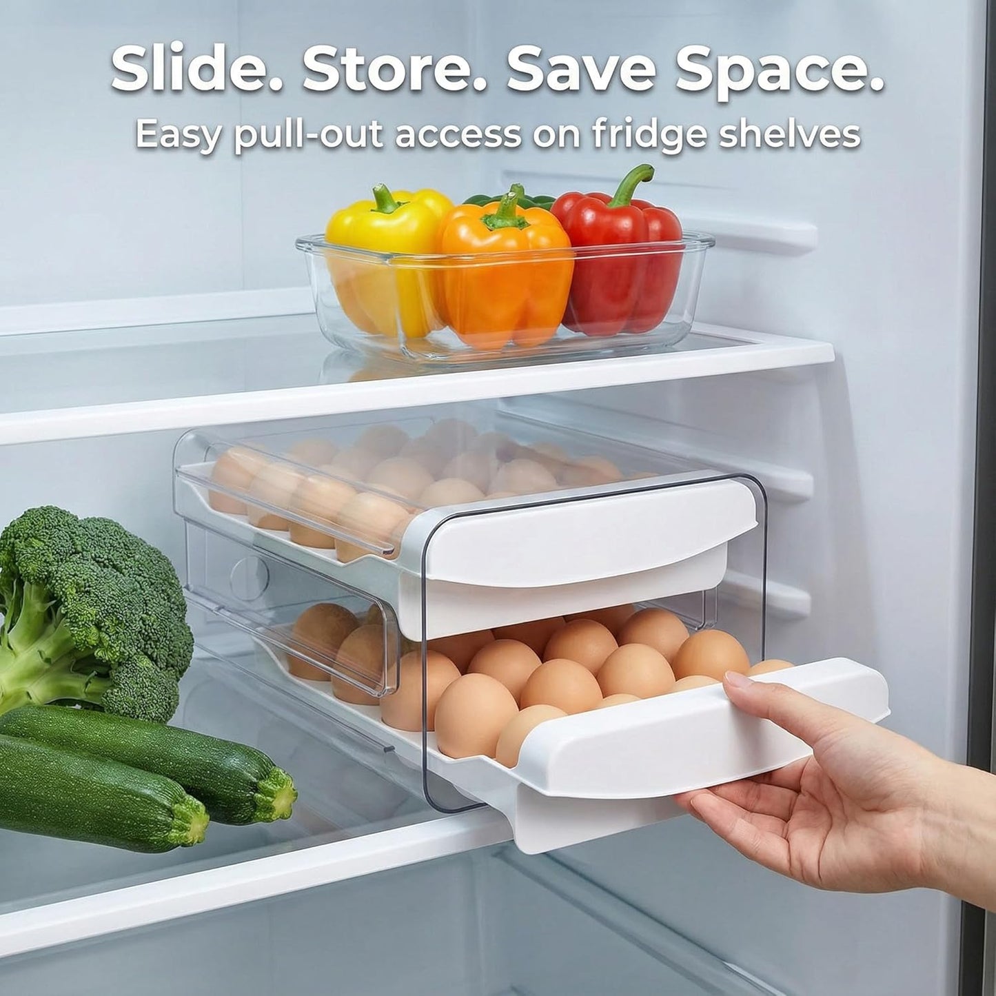 ® Egg Holder for Fridge, 2-Tier Stackable 40 Eggs Organizer Drawer for Refrigerator, Space-Saving Egg Container, Clear Plastic Egg Tray for Kitchen Storage