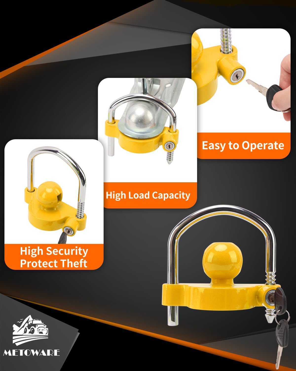 Trailer Coupler Lock Universal Adjustable Heavy-Duty Steel Trailer Hitch Lock, Anti Theft Trailer Ball Lock Towing Lock for Towing Trailer Security Fits 1-7/8",2”, 2-5/16" Coupler Yellow