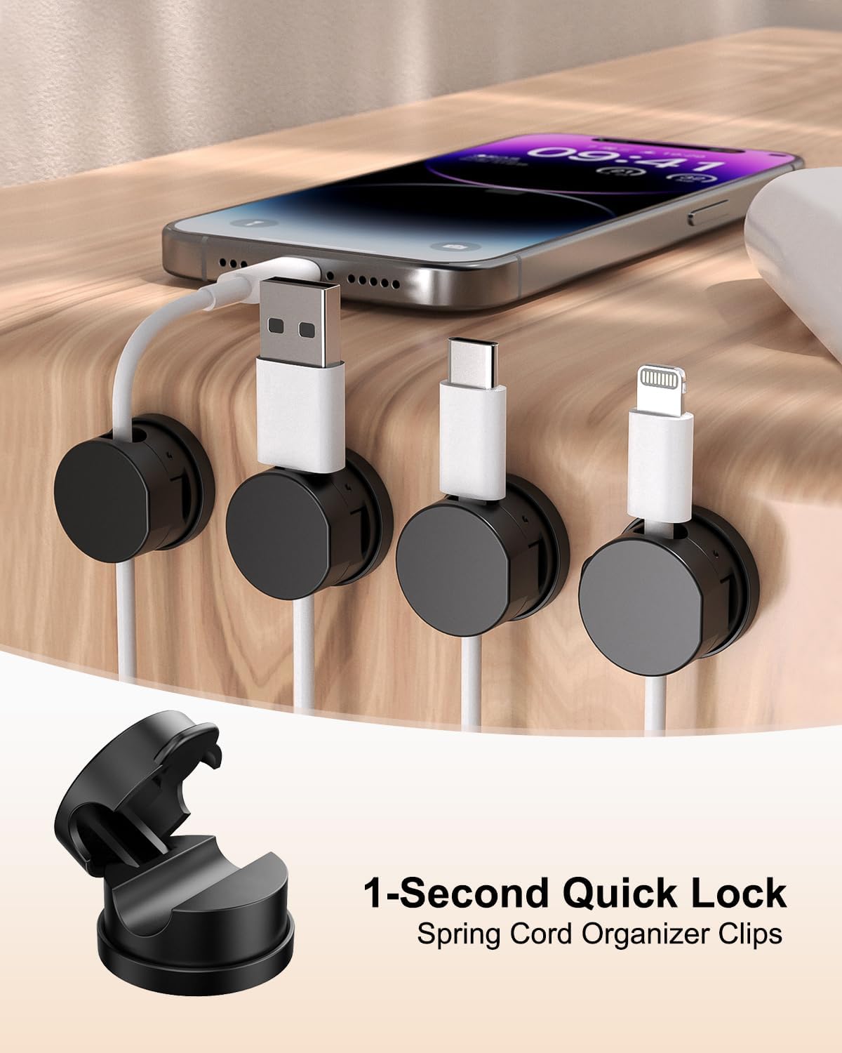 12 Pack 360° Rotatable Spring Cable Clips[1s Lock], Adhesive Cord Holder for Nightstand, Phone Charger Cord Holder for Desk Home Office Car Game Station