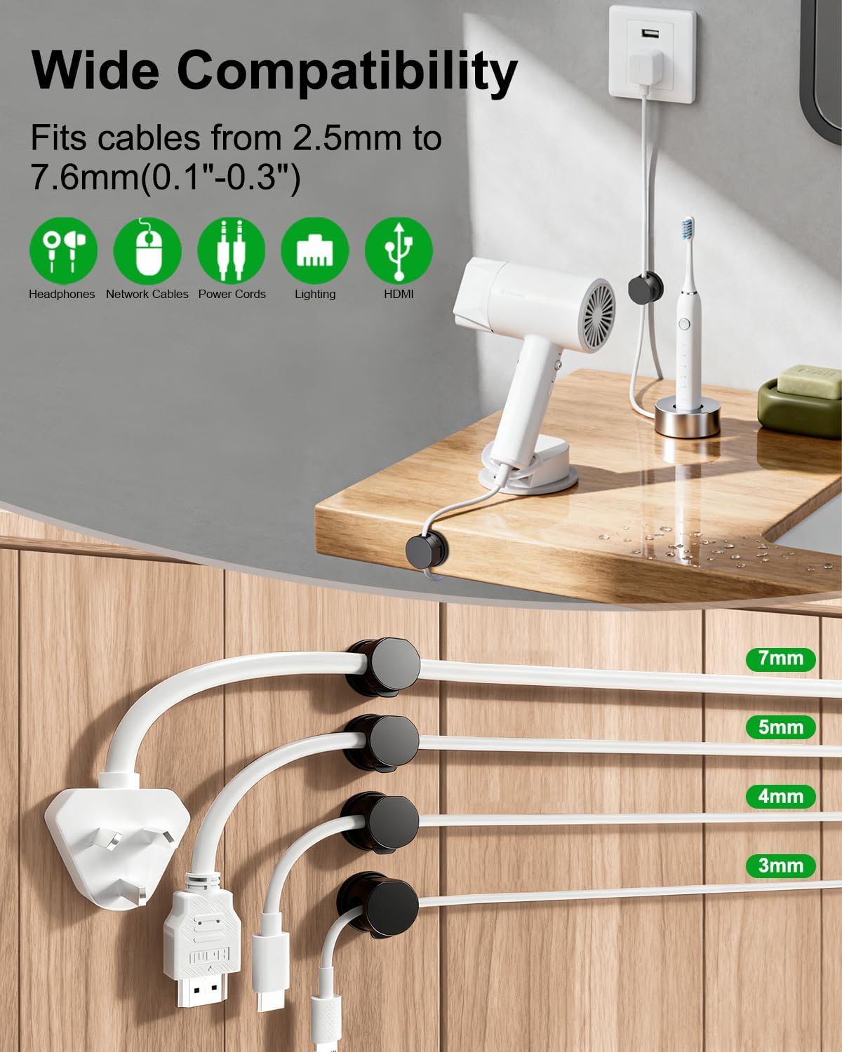 12 Pack 360° Rotatable Spring Cable Clips[1s Lock], Adhesive Cord Holder for Nightstand, Phone Charger Cord Holder for Desk Home Office Car Game Station