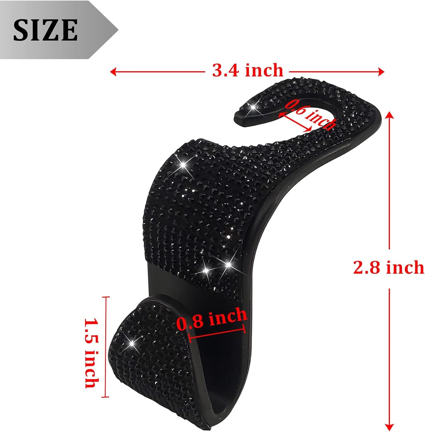 2 Pack Car Hooks, 2021 New Bling Rhinestones Crystal Hooks Car Decorations Auto Seat Back Organizers Strong and Durable Backseat Hanger Storage Universal for SUV Truck Vehicle (Black)