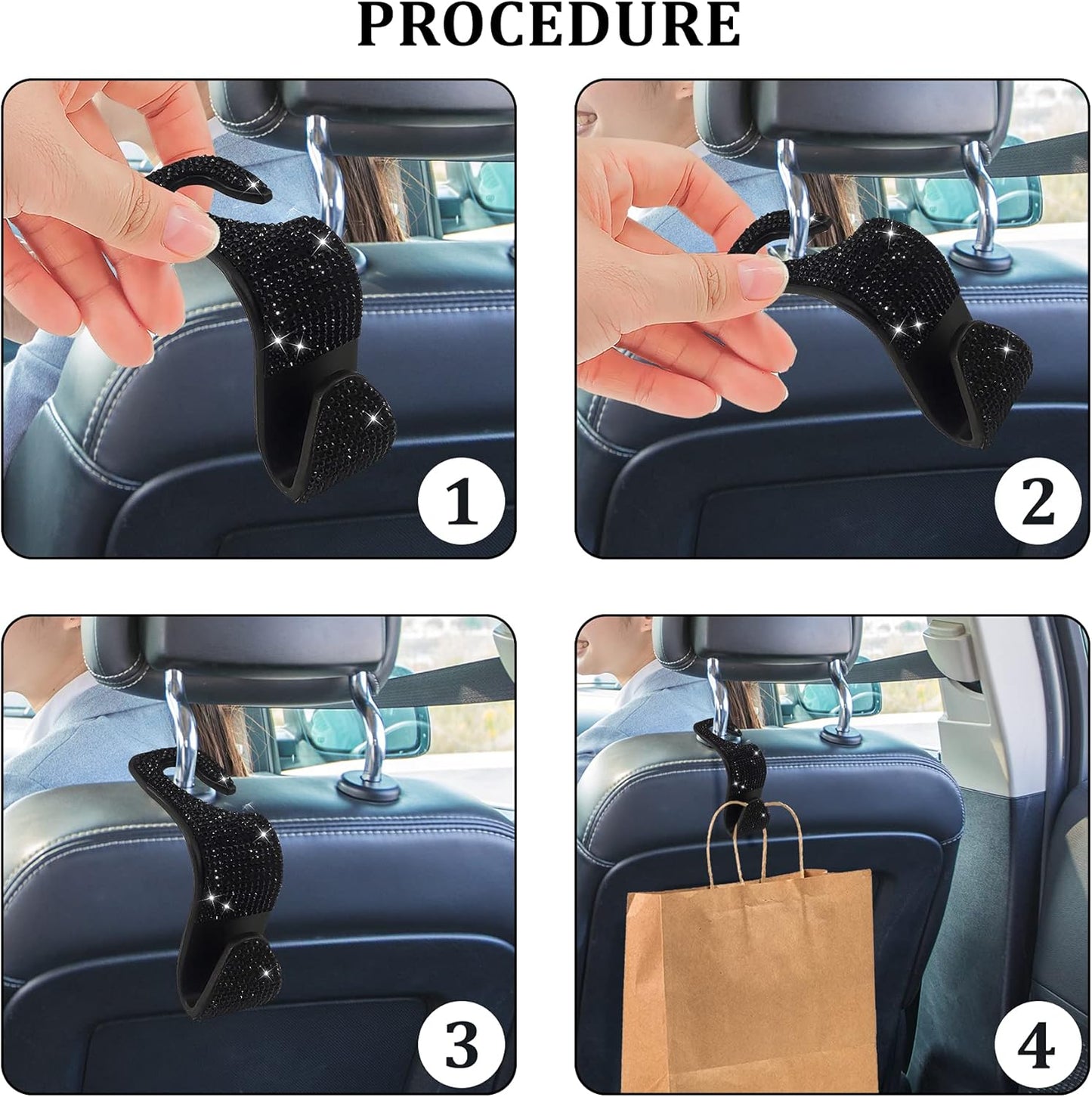 2 Pack Car Hooks, 2021 New Bling Rhinestones Crystal Hooks Car Decorations Auto Seat Back Organizers Strong and Durable Backseat Hanger Storage Universal for SUV Truck Vehicle (Black)