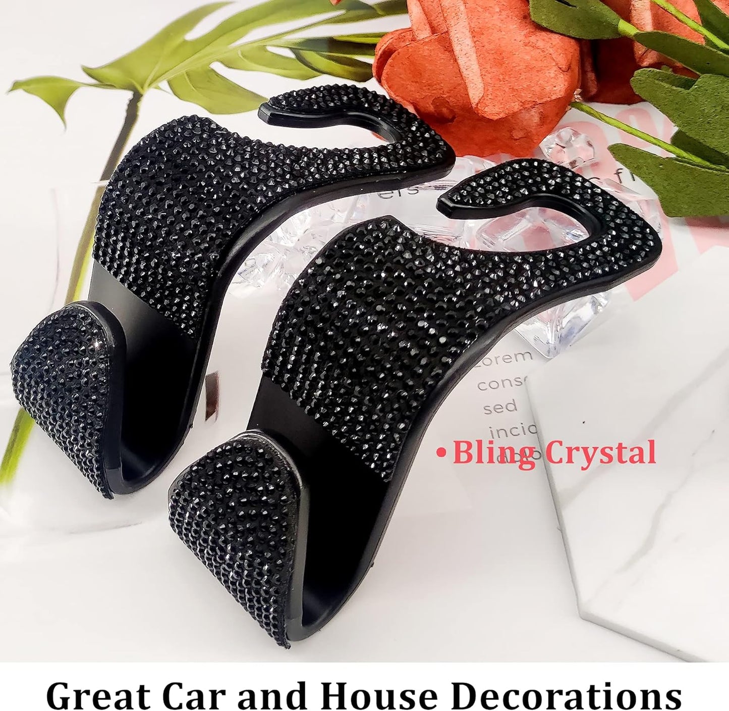 2 Pack Car Hooks, 2021 New Bling Rhinestones Crystal Hooks Car Decorations Auto Seat Back Organizers Strong and Durable Backseat Hanger Storage Universal for SUV Truck Vehicle (Black)