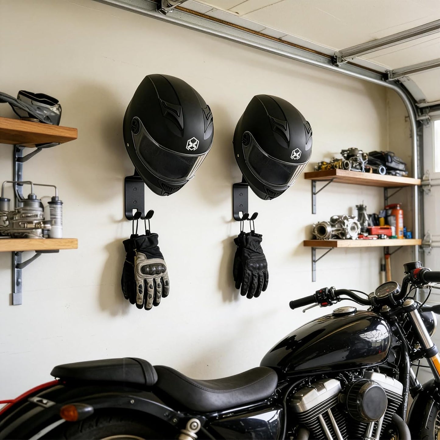 4 Pack Motorcycle Helmet Wall Mount, Helmets Holder with Double Key Hook, Hanger Gear Rack for Bike Baseball Tactical Football Skiing Accessories