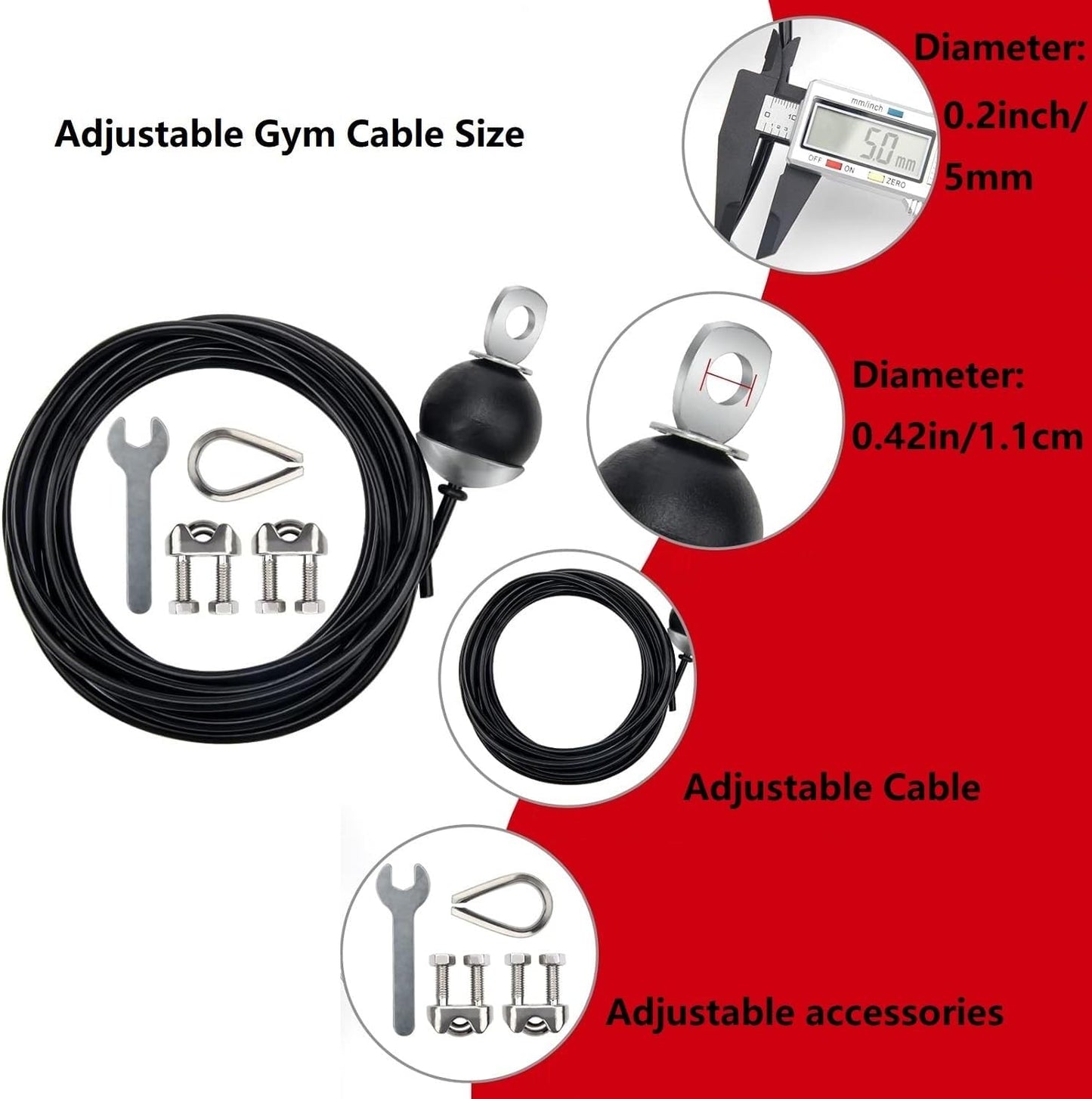 Adjustable Fitness Pulley Cable,Replacement Cable Machine Accessories,Cable Attachments for Gym -Thick 5mm(0.2inch) Heavy Duty Steel Wire Rope Home  138"