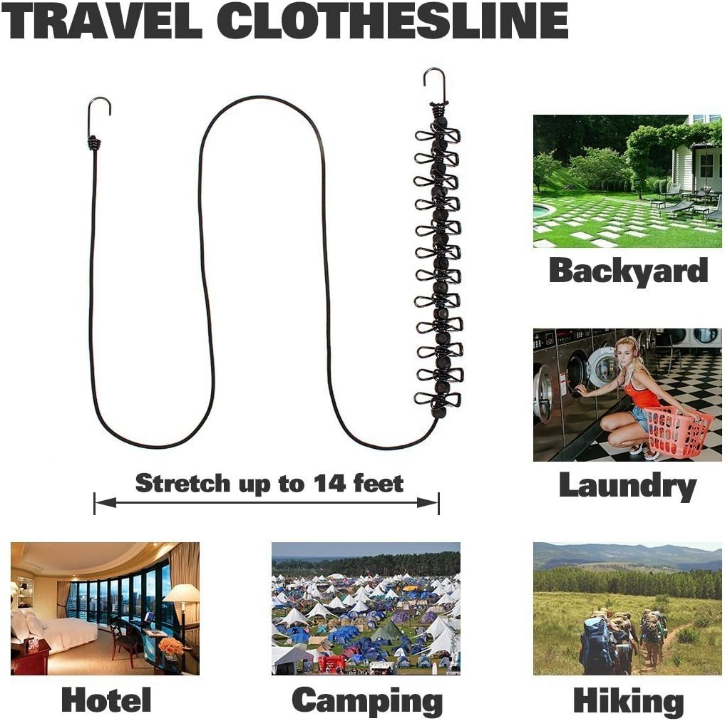 Portable Travel Clothesline, Adjustable Elastic Camping Retractable Clothesline with 12pcs Clips for Outdoor and Indoor Use (Black) Black
