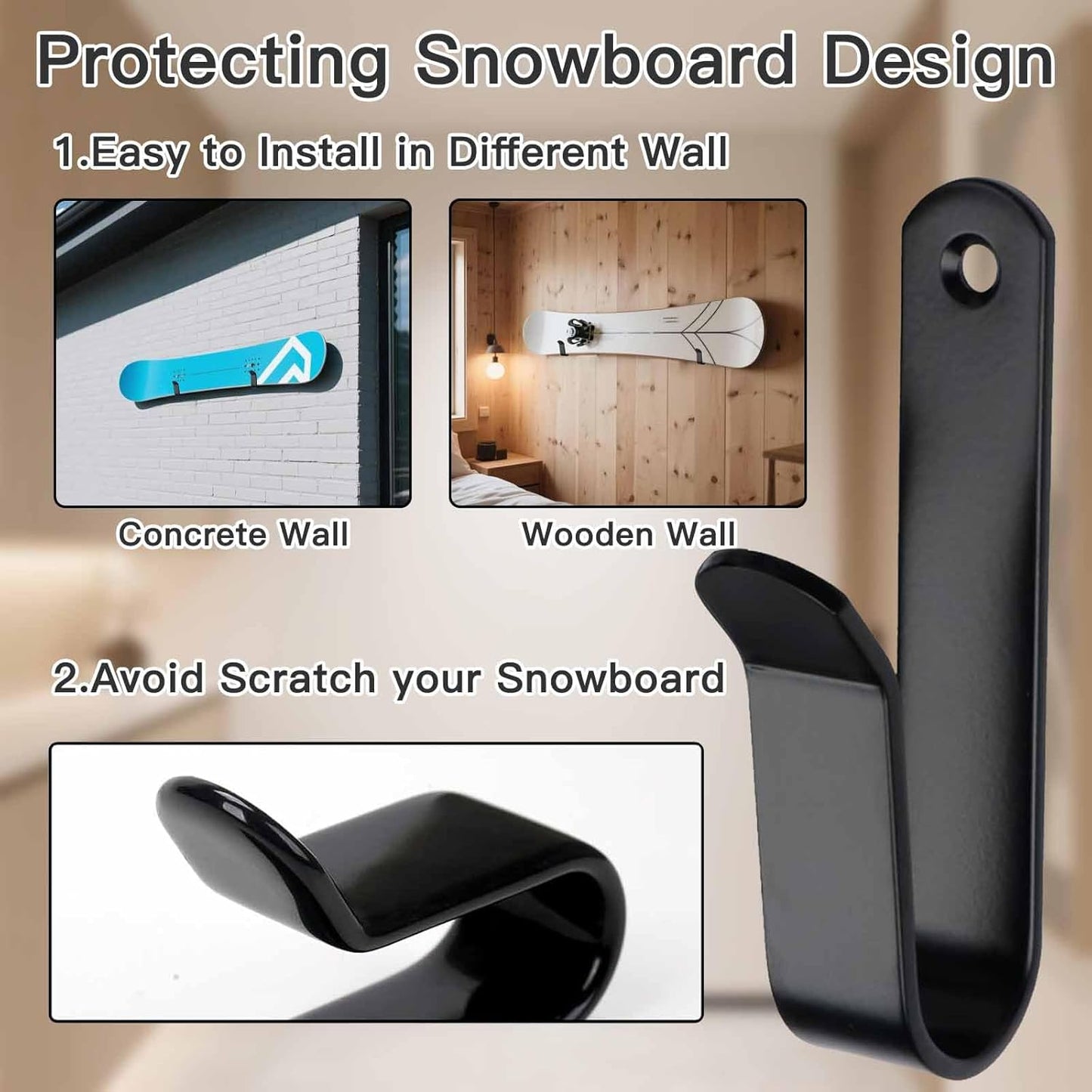 Snowboard Wall Mount & Skateboard Display Rack - Horizontal Hanger Clips for Snowboards, Longboards, Skateboards Space Saving Storage Solution Garage, Bedroom, Living Room (Black, 2 PCS) Black PCS