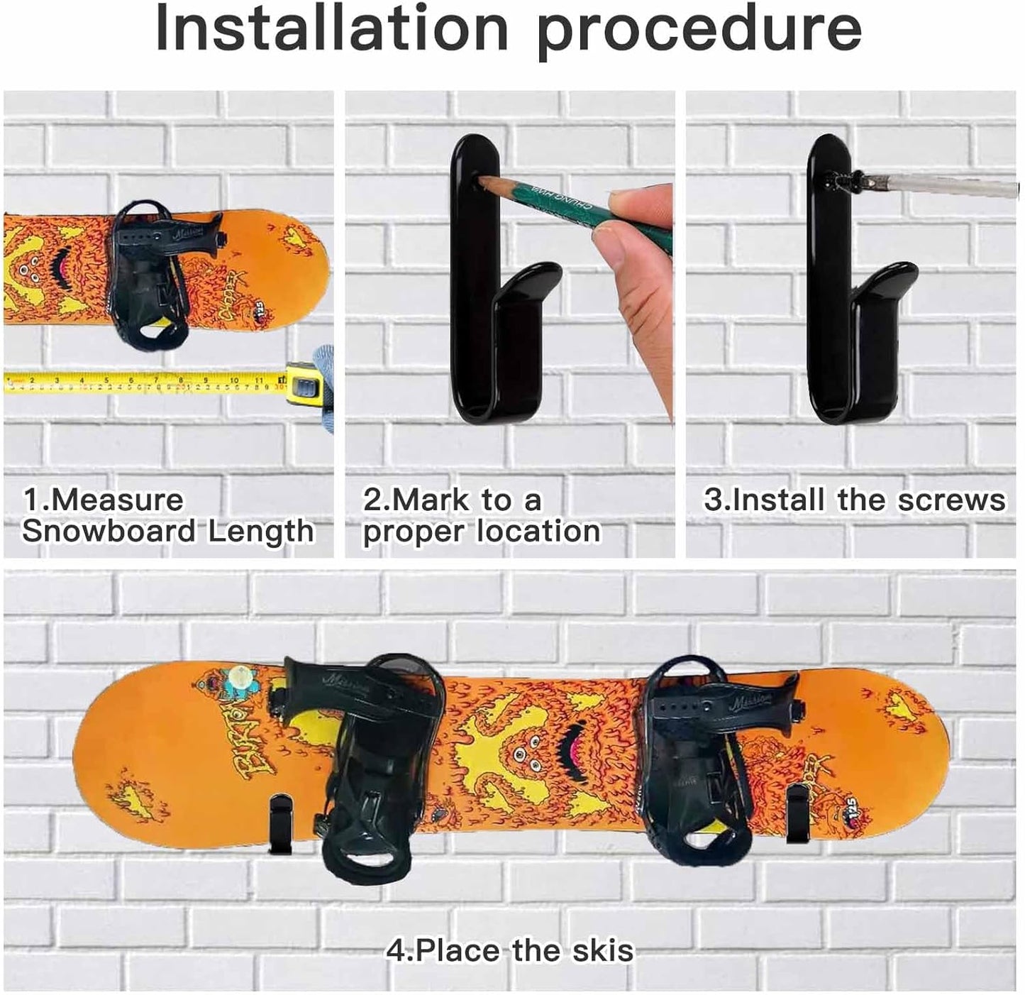 Snowboard Wall Mount & Skateboard Display Rack - Horizontal Hanger Clips for Snowboards, Longboards, Skateboards Space Saving Storage Solution Garage, Bedroom, Living Room (Black, 2 PCS) Black PCS