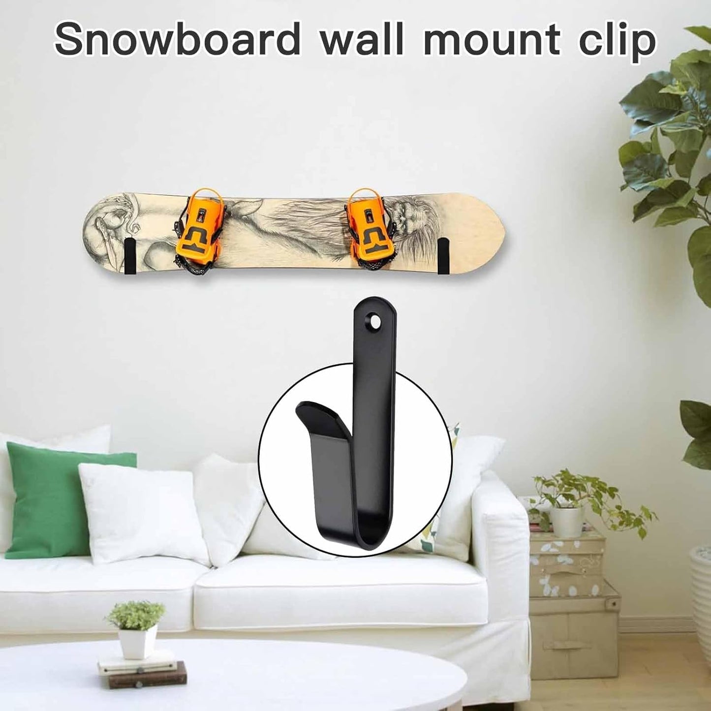 Snowboard Wall Mount & Skateboard Display Rack - Horizontal Hanger Clips for Snowboards, Longboards, Skateboards Space Saving Storage Solution Garage, Bedroom, Living Room (Black, 2 PCS) Black PCS