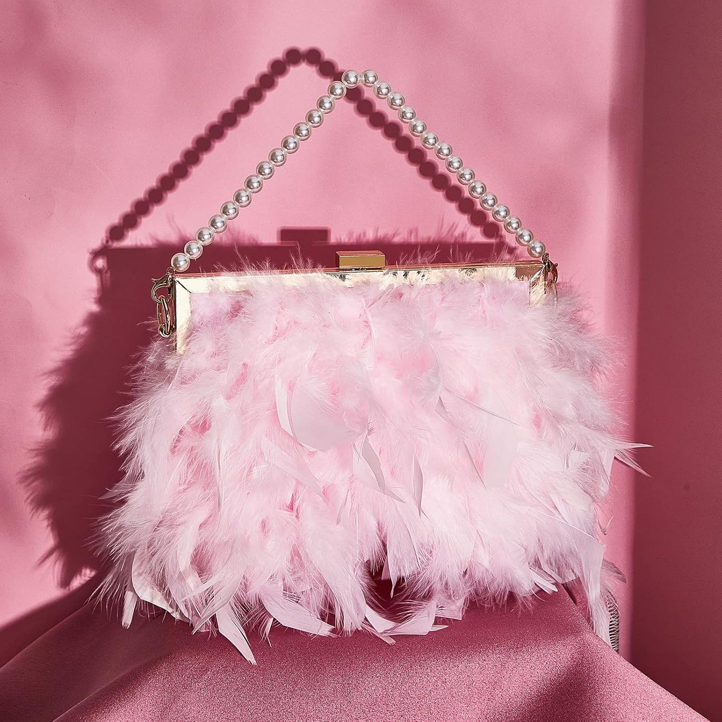 Feather Clutch Purses for Women, Evening Bags Furry Purse with 2 Chains Wedding Bride Fringe Glossy Designer Pink
