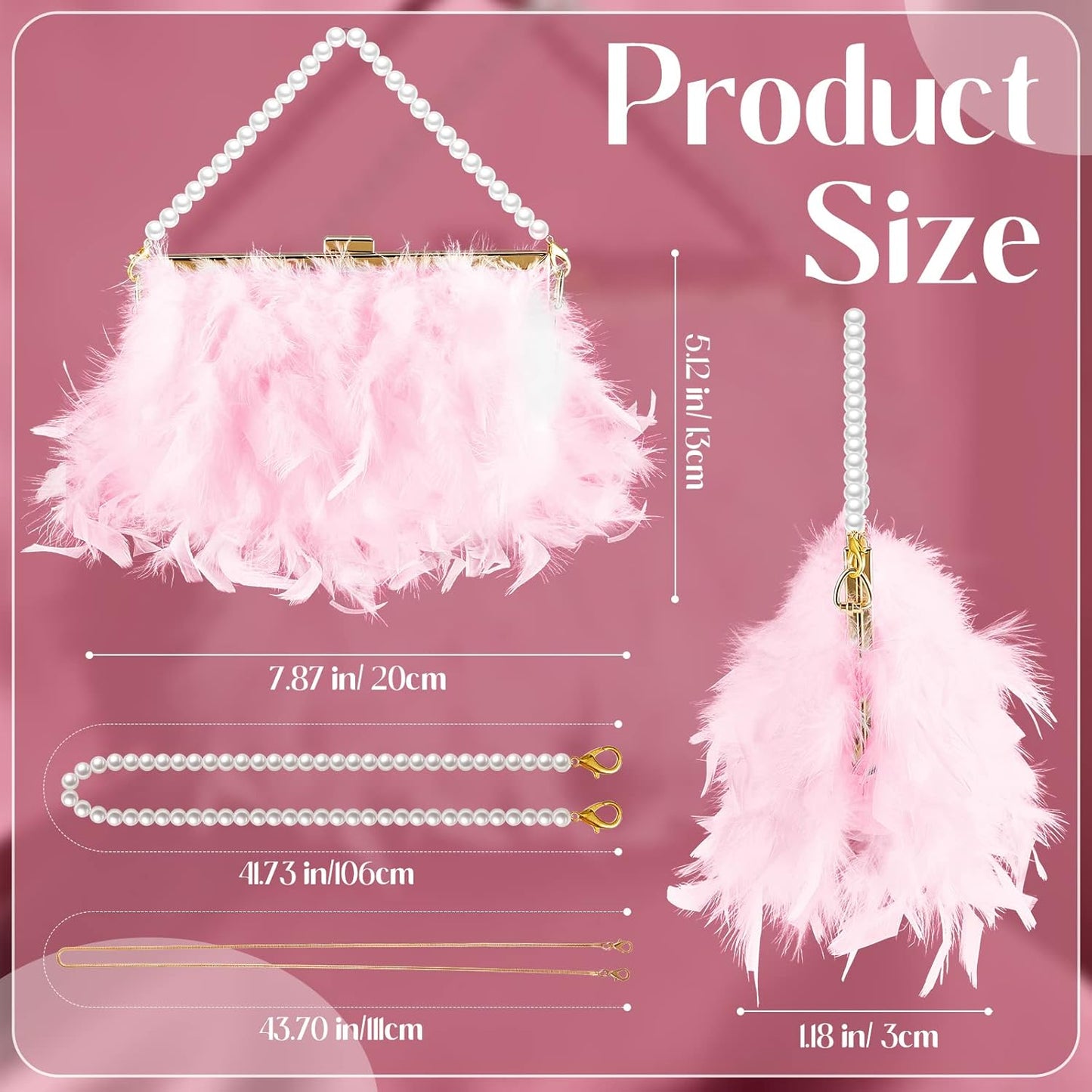 Feather Clutch Purses for Women, Evening Bags Furry Purse with 2 Chains Wedding Bride Fringe Glossy Designer Pink
