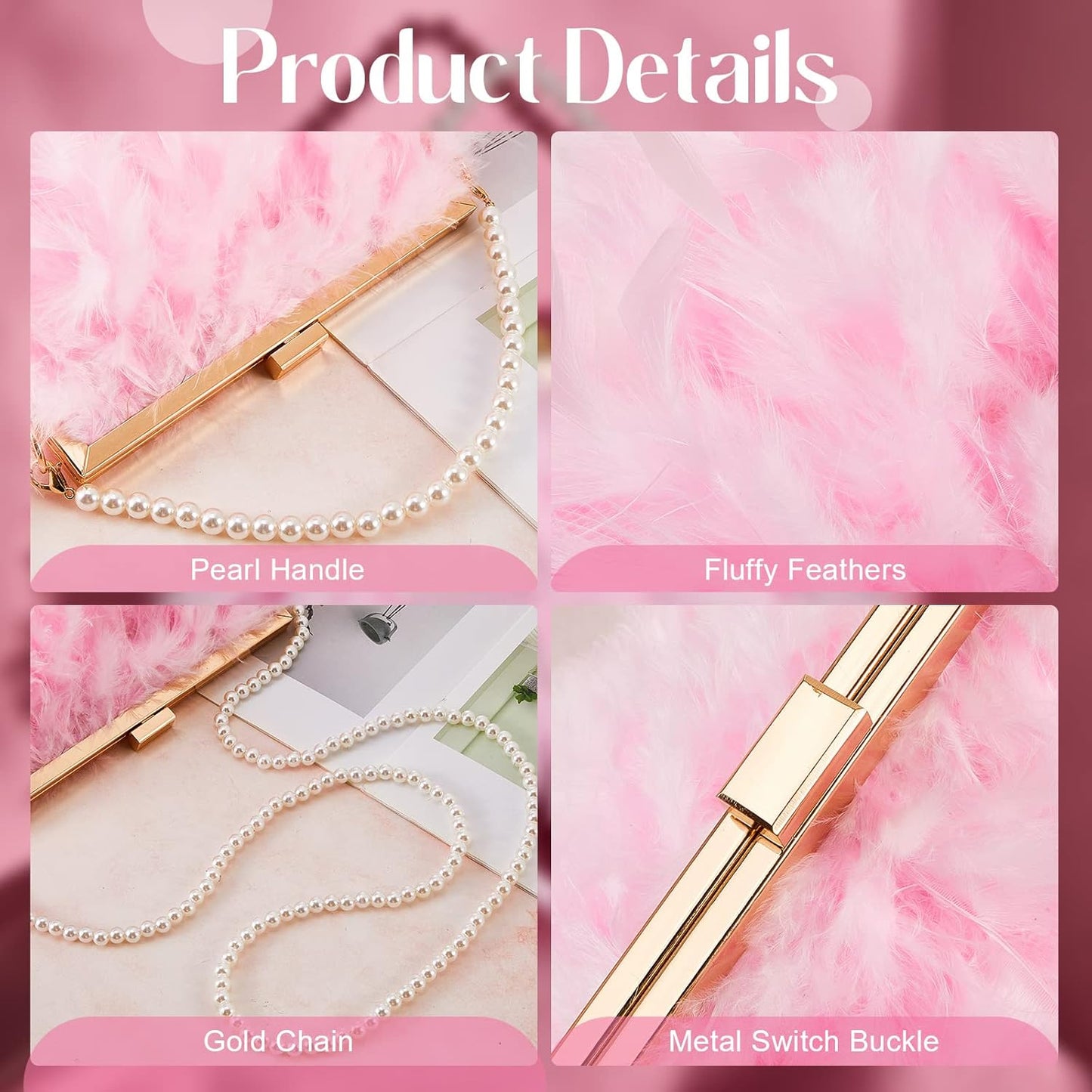 Feather Clutch Purses for Women, Evening Bags Furry Purse with 2 Chains Wedding Bride Fringe Glossy Designer Pink