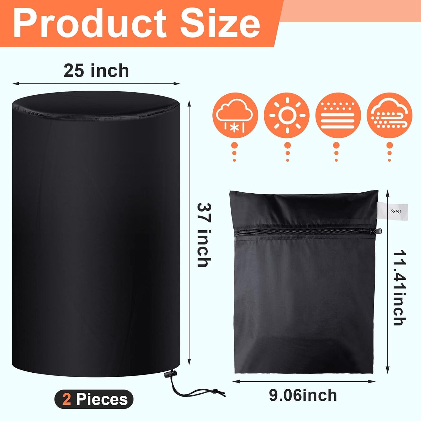 55 Gallon Drum Cover, 210D Oxford Cloth Water Storage Barrel 25 x 37 Inch Outdoor Waterproof Rain Snow Bucket lid with Drawstring, UV Protection, Anti Dust(2 Pcs)