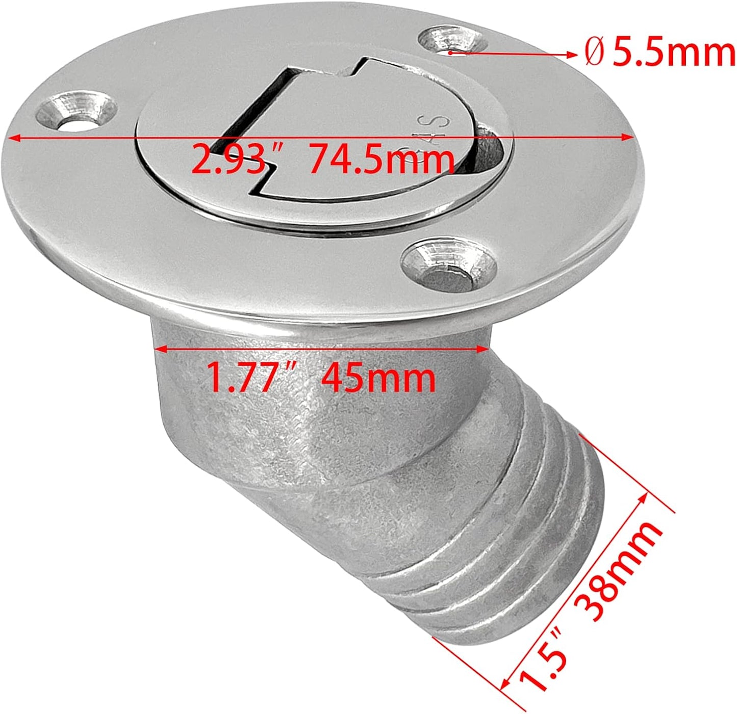 1-1/2"(38mm) Boat Gas Deck Fill/Filler with Keyless Cap Screws, Marine Mirror Polished 316 Stainless Steel Hardware Angled Neck for Yacht Caravan