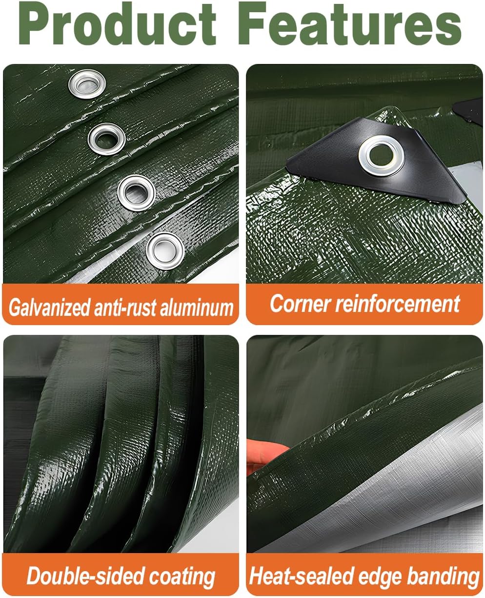 120GSM Tarpaulin Waterproof Heavy Duty, 6.6 x 9.8 Ft Large Green Rainproof Tarp UV/Tear Resistant PE Tarpaulin Sheet Tent with Reinforced Eyelets, Cover for Pool, Caravan, Garden Furniture