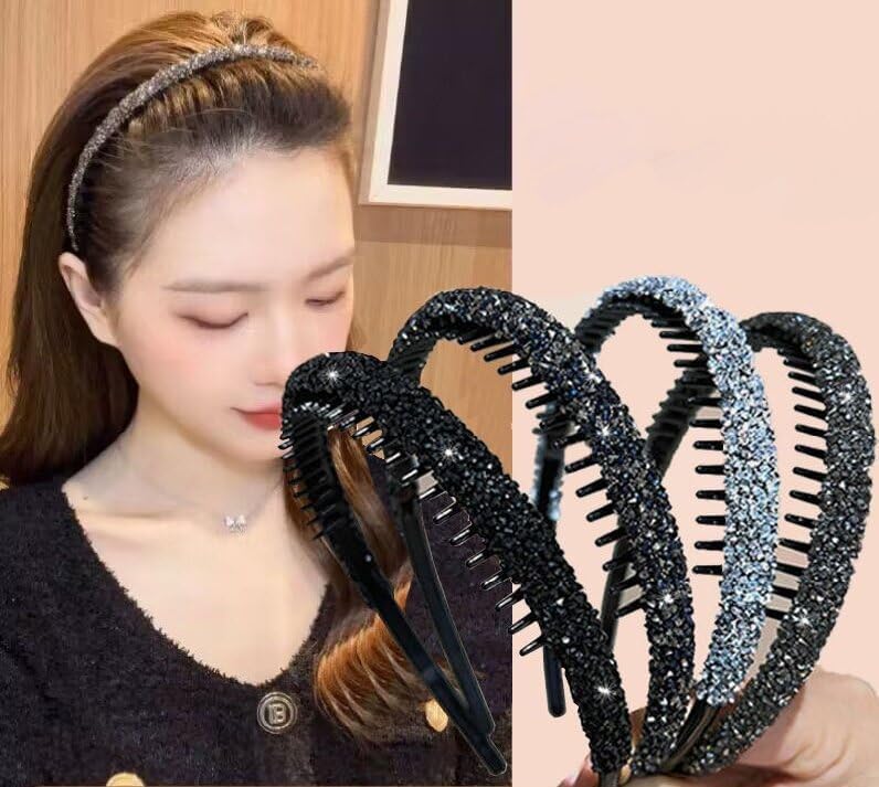 4Pcs Rhinestone Headband with Teeth,Fashion Non Slip Head Bands Headbands Crystal Hairband Sparkly Diamond Hairbands Hair Accessories for Women Girls Bride Bridesmaids Wedding