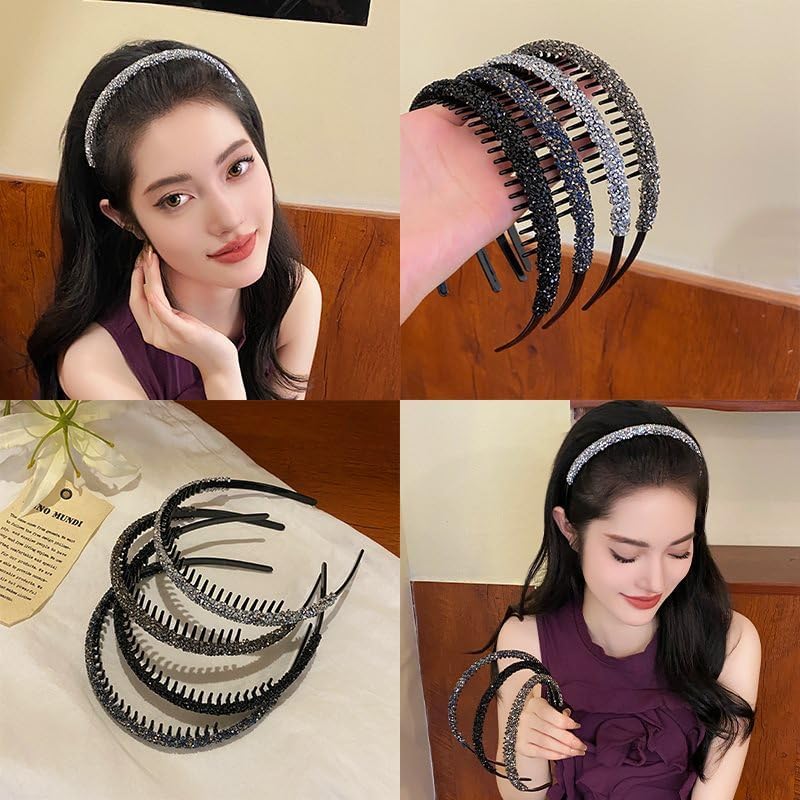 4Pcs Rhinestone Headband with Teeth,Fashion Non Slip Head Bands Headbands Crystal Hairband Sparkly Diamond Hairbands Hair Accessories for Women Girls Bride Bridesmaids Wedding