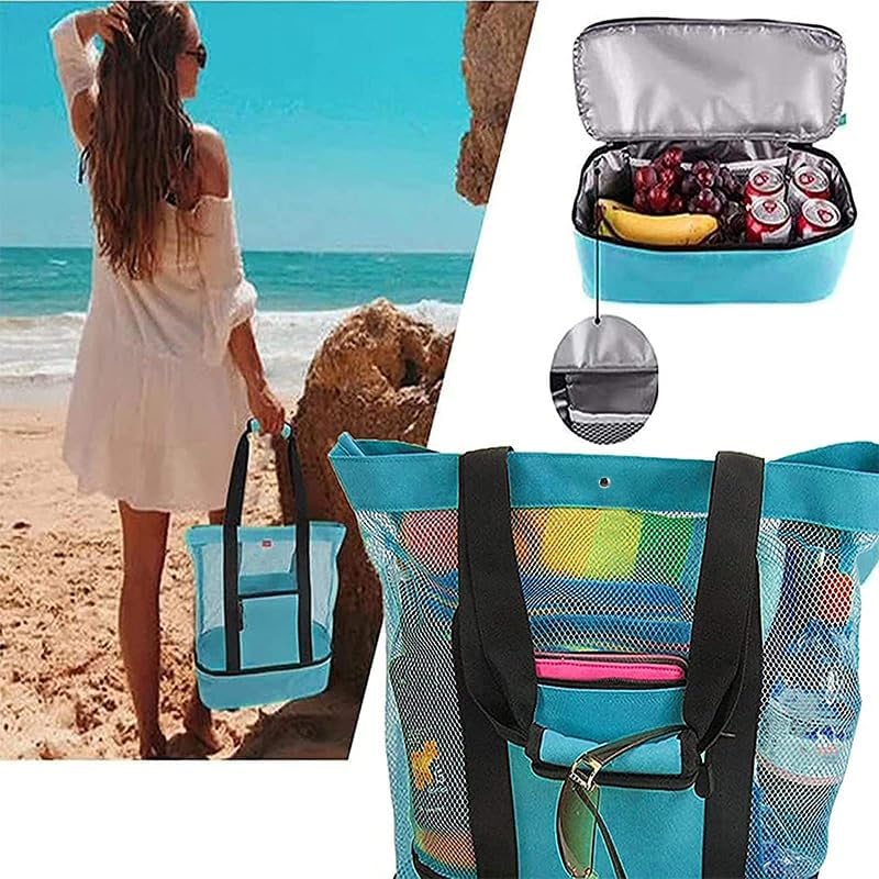 Mesh Beach Bag with Cooler Bag, Large Mesh Beach Tote Bags, Cooler Bags Insulated for Travel, Beach Toys Bag, Summer Vacation Travel Essentials for Women Kids, for Picnic Pool Travel